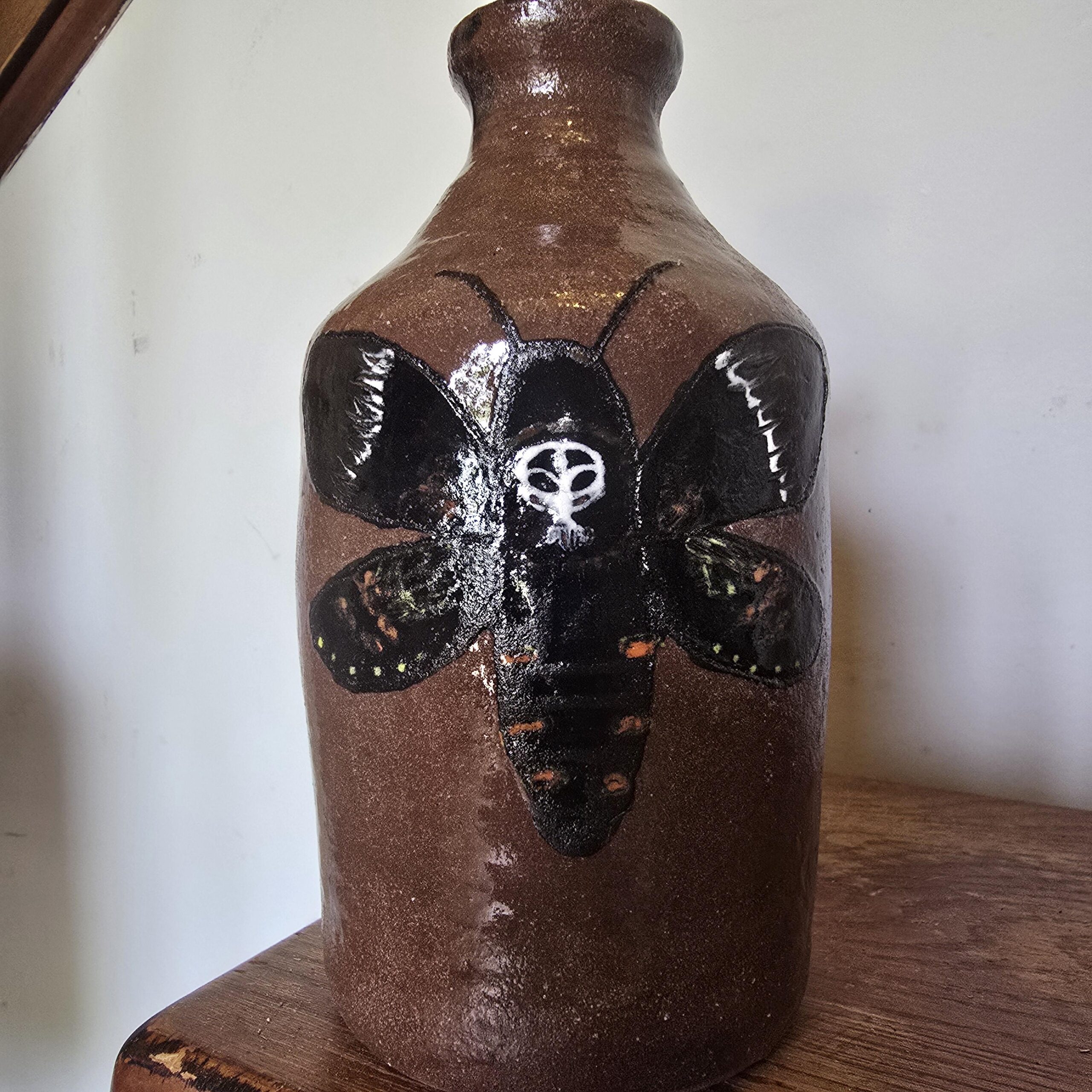 Handmade Clay Moth Folk Art Pottery Death's-Head Hawkmoth Jug by Heather Elyse Head | 6.5" x 4" - Image 2