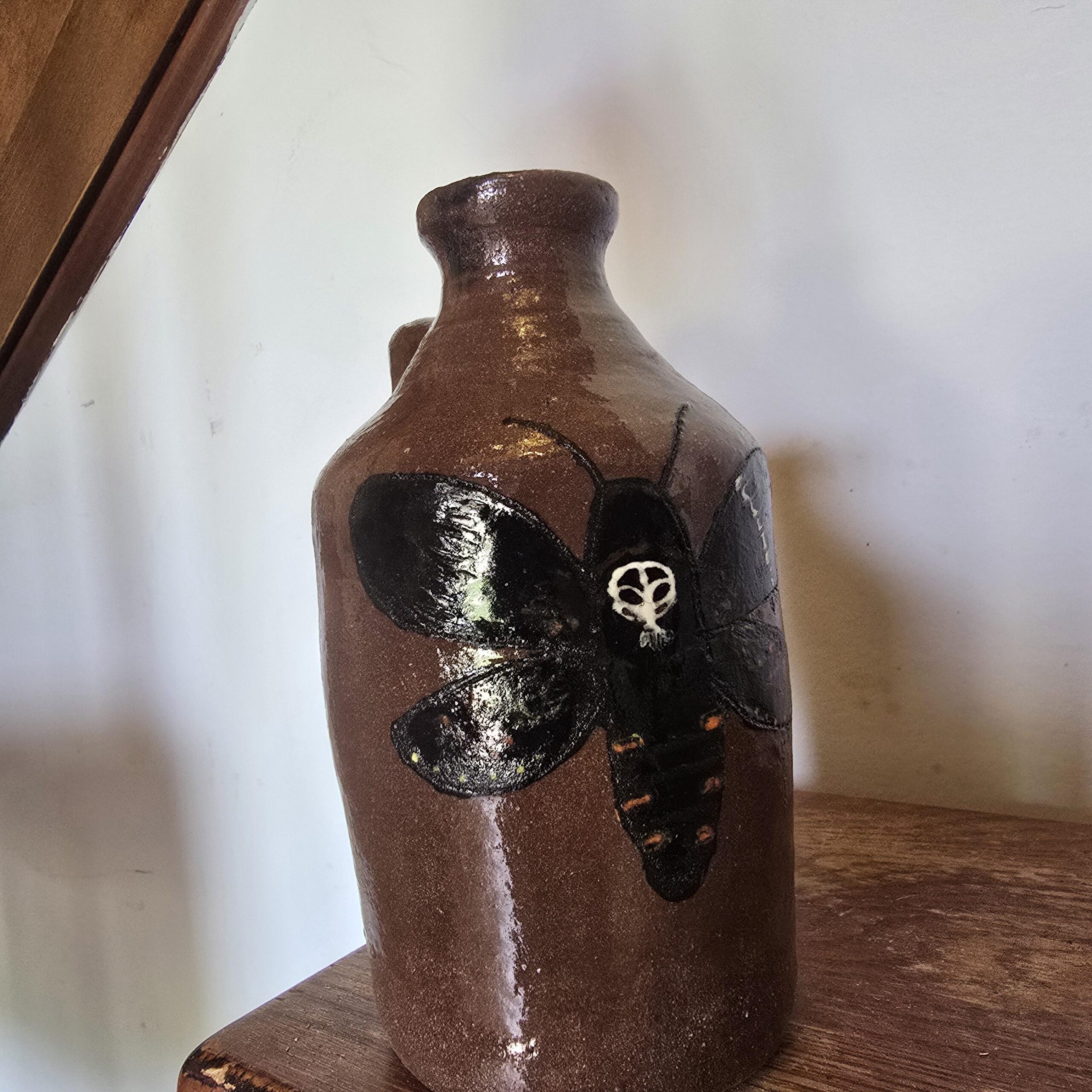 Handmade Clay Moth Folk Art Pottery Death's-Head Hawkmoth Jug by Heather Elyse Head | 6.5" x 4" - Image 4
