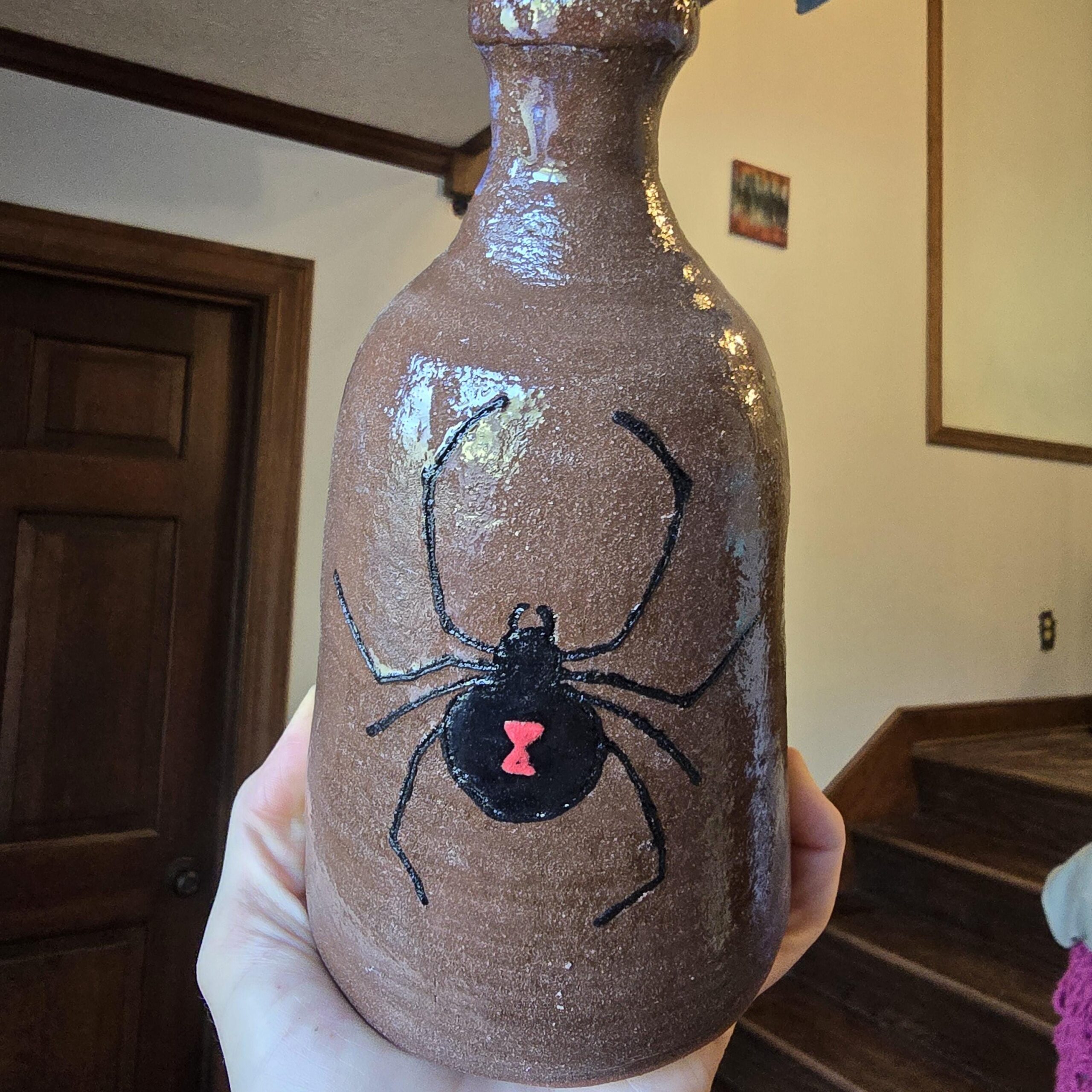 Handmade Clay Moth Folk Art Pottery Black Widow Spider Jug by Heather Elyse Head | 6.75" x 4" - Image 3