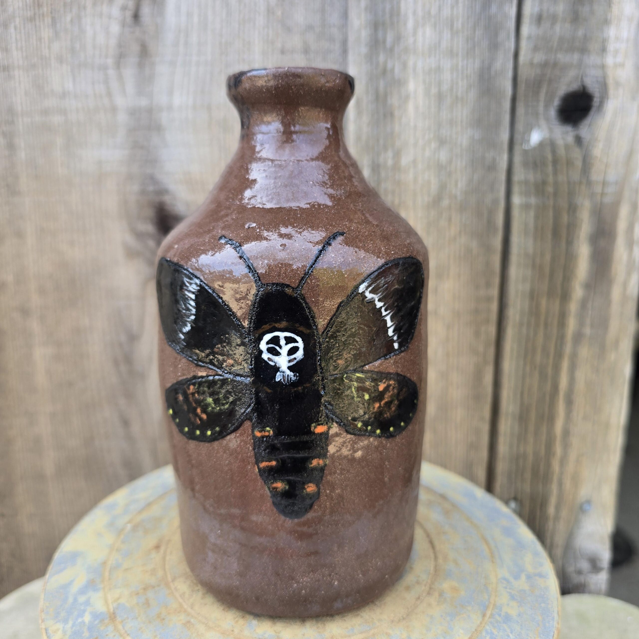 Handmade Clay Moth Folk Art Pottery Death's-Head Hawkmoth Jug by Heather Elyse Head | 6.5" x 4"