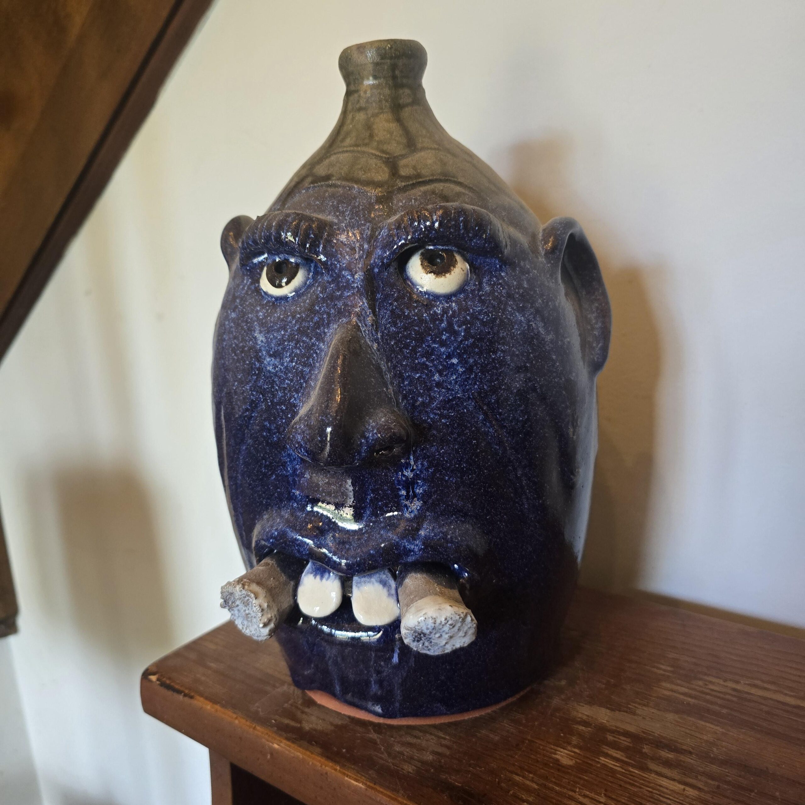 Handmade Clay Double Cigar Smoking Cobalt Blue Face Jug by Billy Joe Craven | 12.25" x 8"