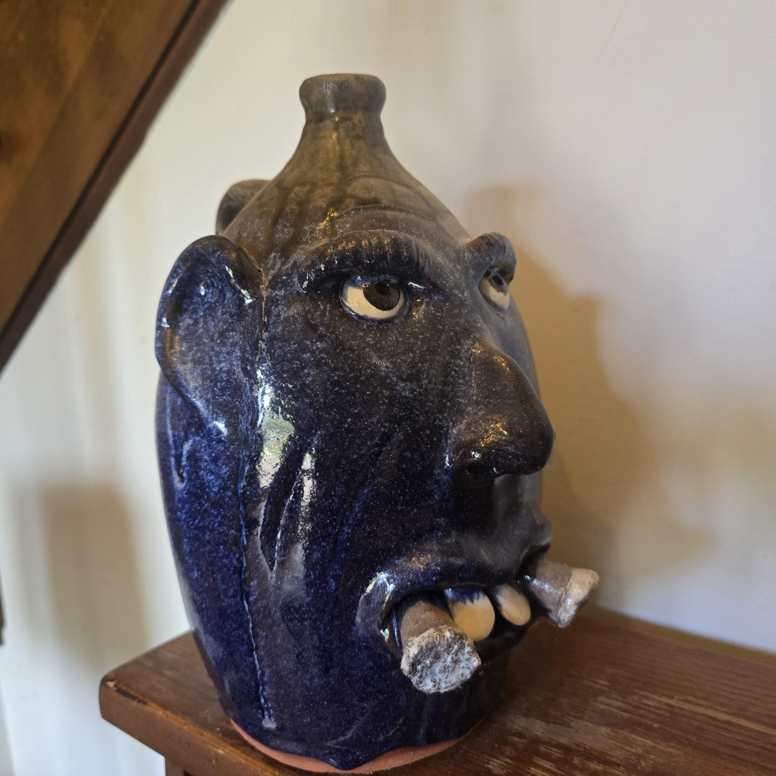 Handmade Clay Double Cigar Smoking Cobalt Blue Face Jug by Billy Joe Craven | 12.25" x 8" - Image 2