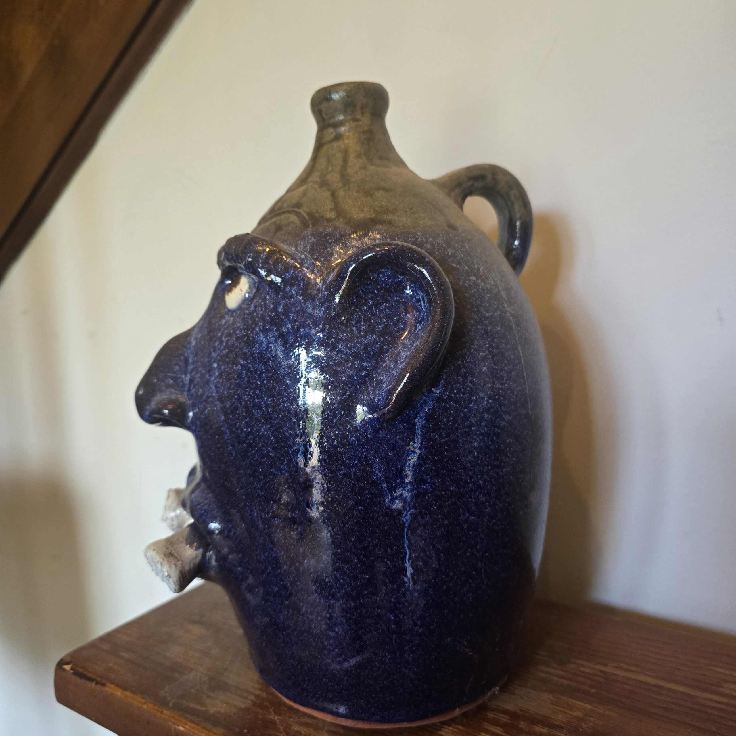 Handmade Clay Double Cigar Smoking Cobalt Blue Face Jug by Billy Joe Craven | 12.25" x 8" - Image 5