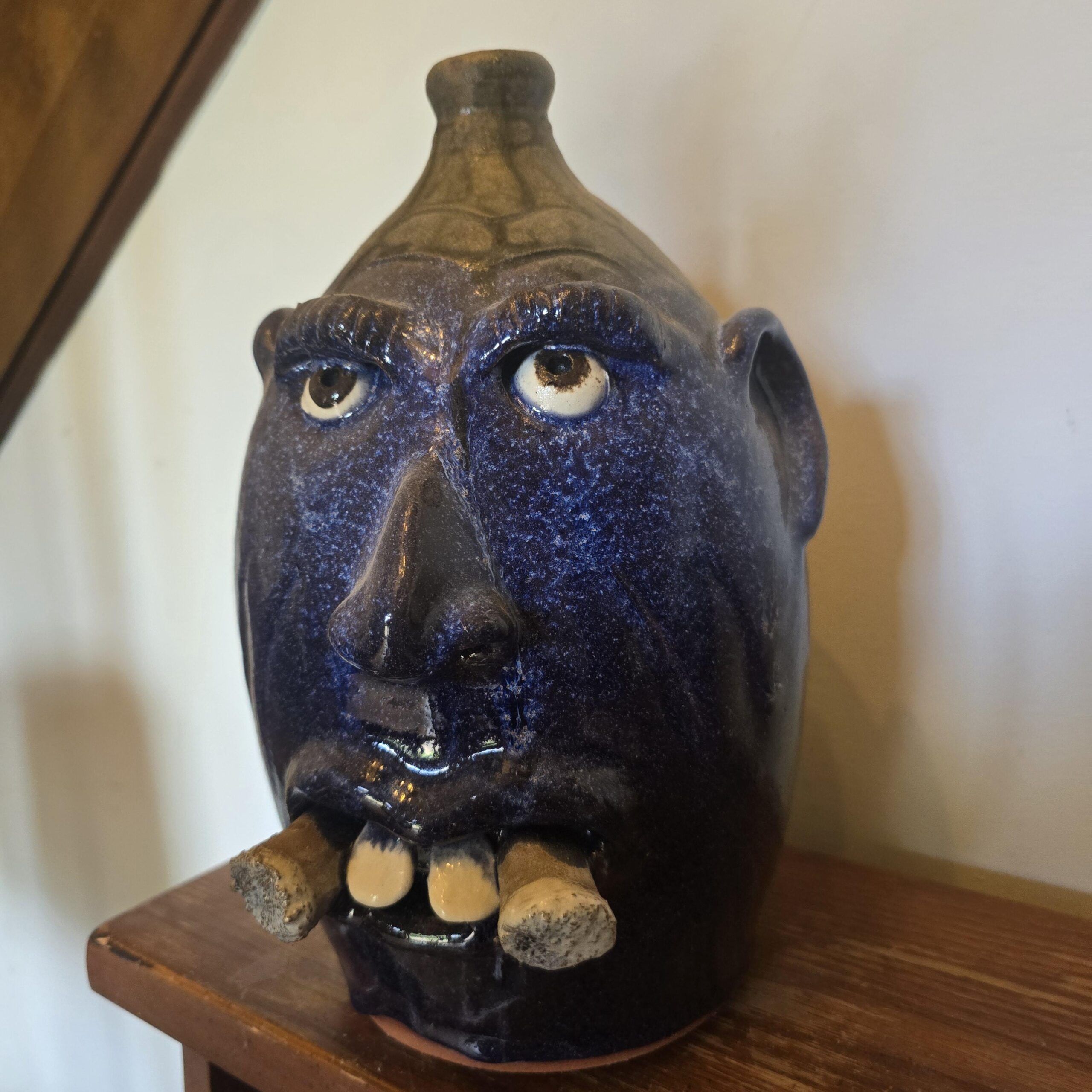 Handmade Clay Double Cigar Smoking Cobalt Blue Face Jug by Billy Joe Craven | 12.25" x 8" - Image 6