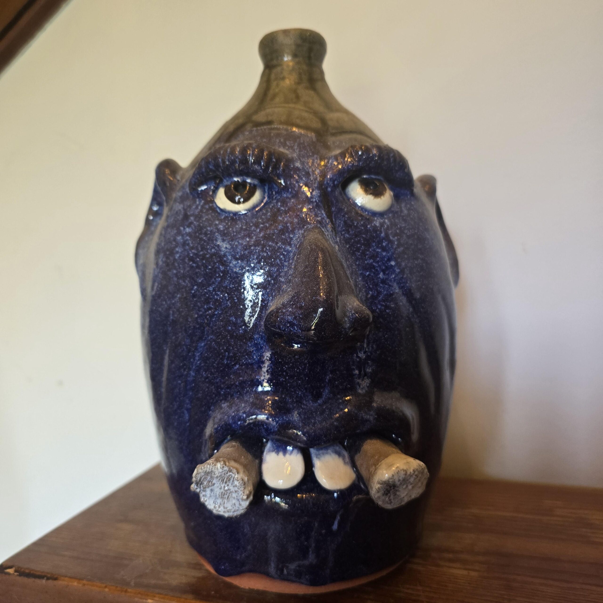 Handmade Clay Double Cigar Smoking Cobalt Blue Face Jug by Billy Joe Craven | 12.25" x 8" - Image 7