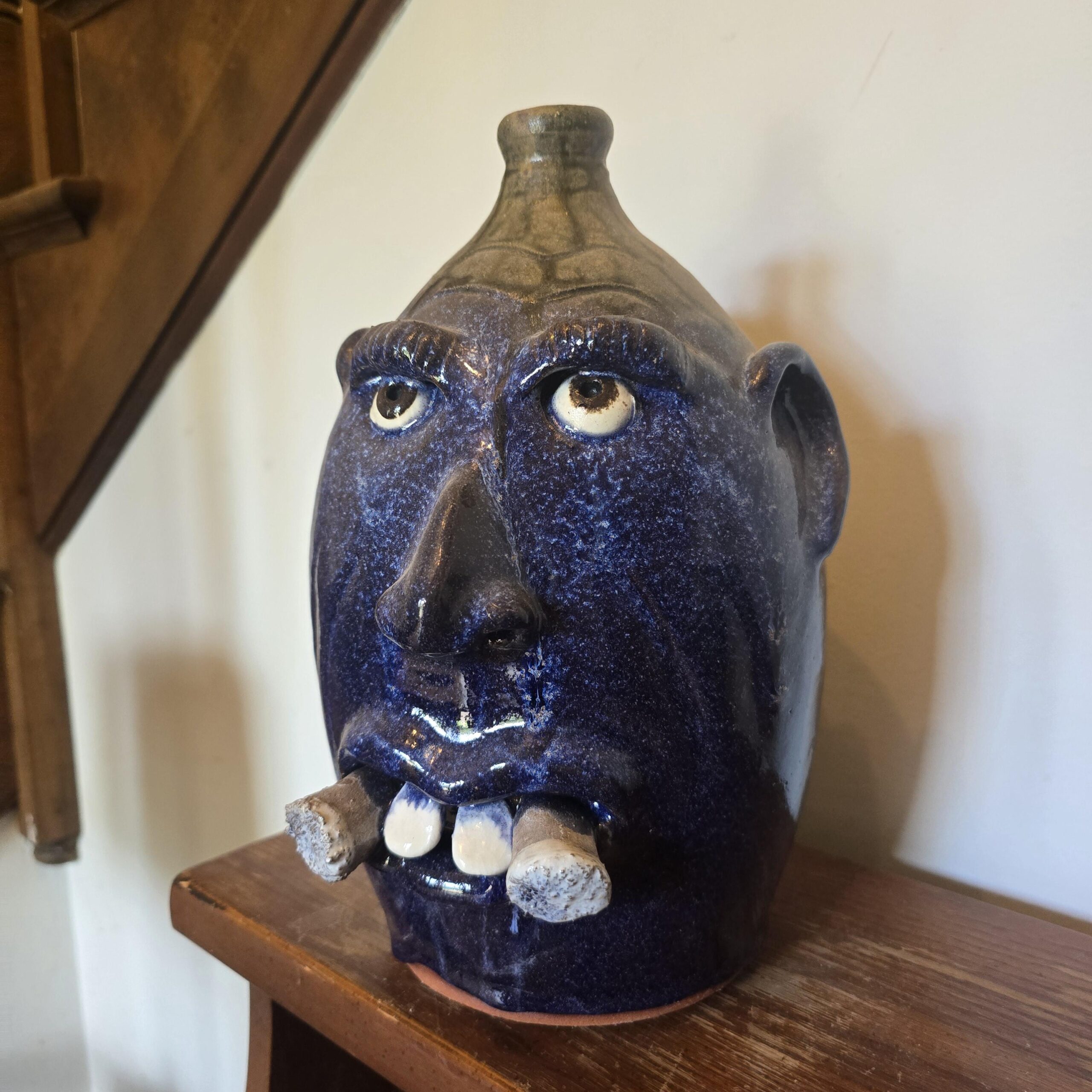 Handmade Clay Double Cigar Smoking Cobalt Blue Face Jug by Billy Joe Craven | 12.25" x 8" - Image 8