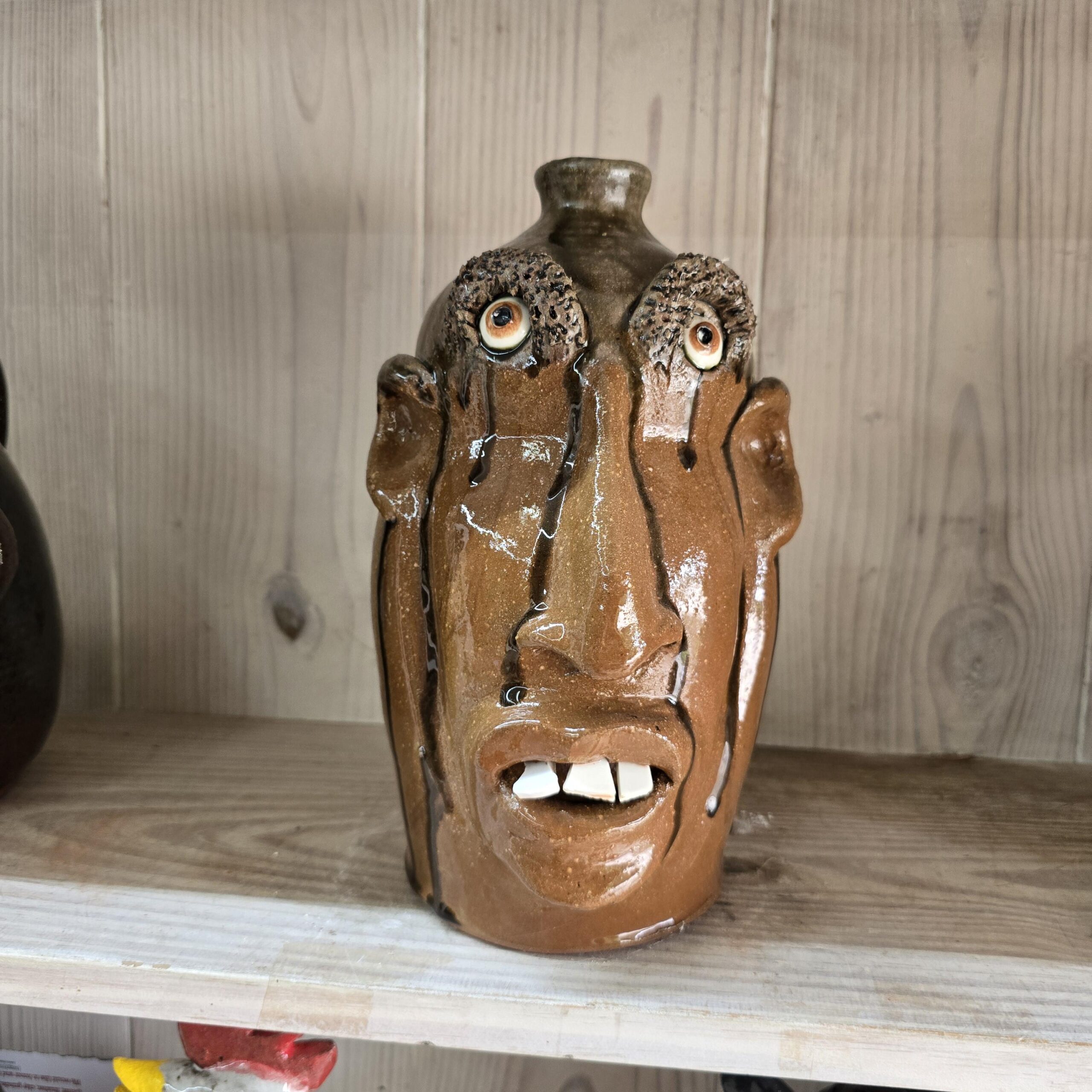 Brown with Tobacco Spit Glazed Face Jug by Billy Joe Craven 11" Tall