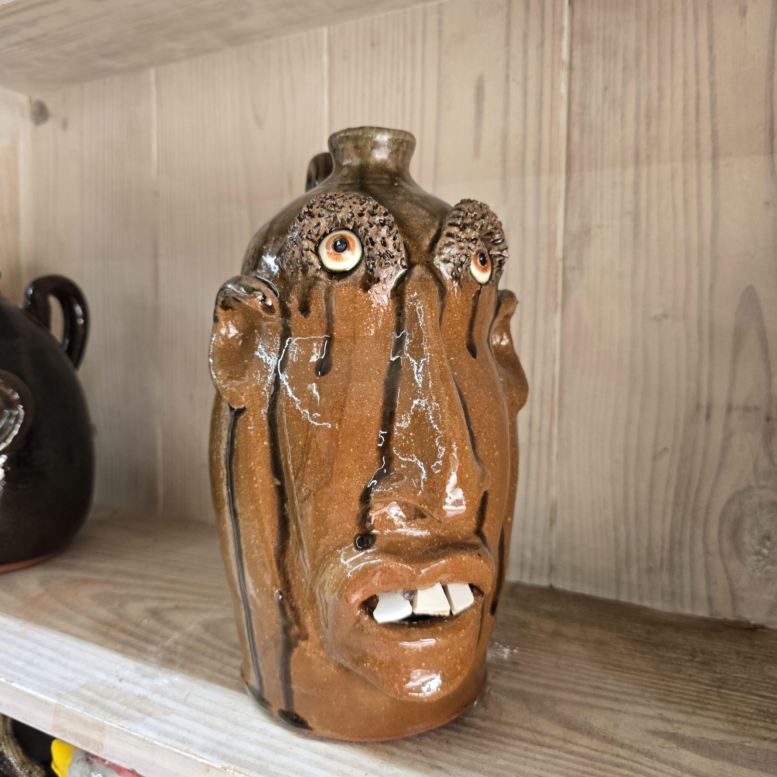 Brown with Tobacco Spit Glazed Face Jug by Billy Joe Craven 11" Tall - Image 3