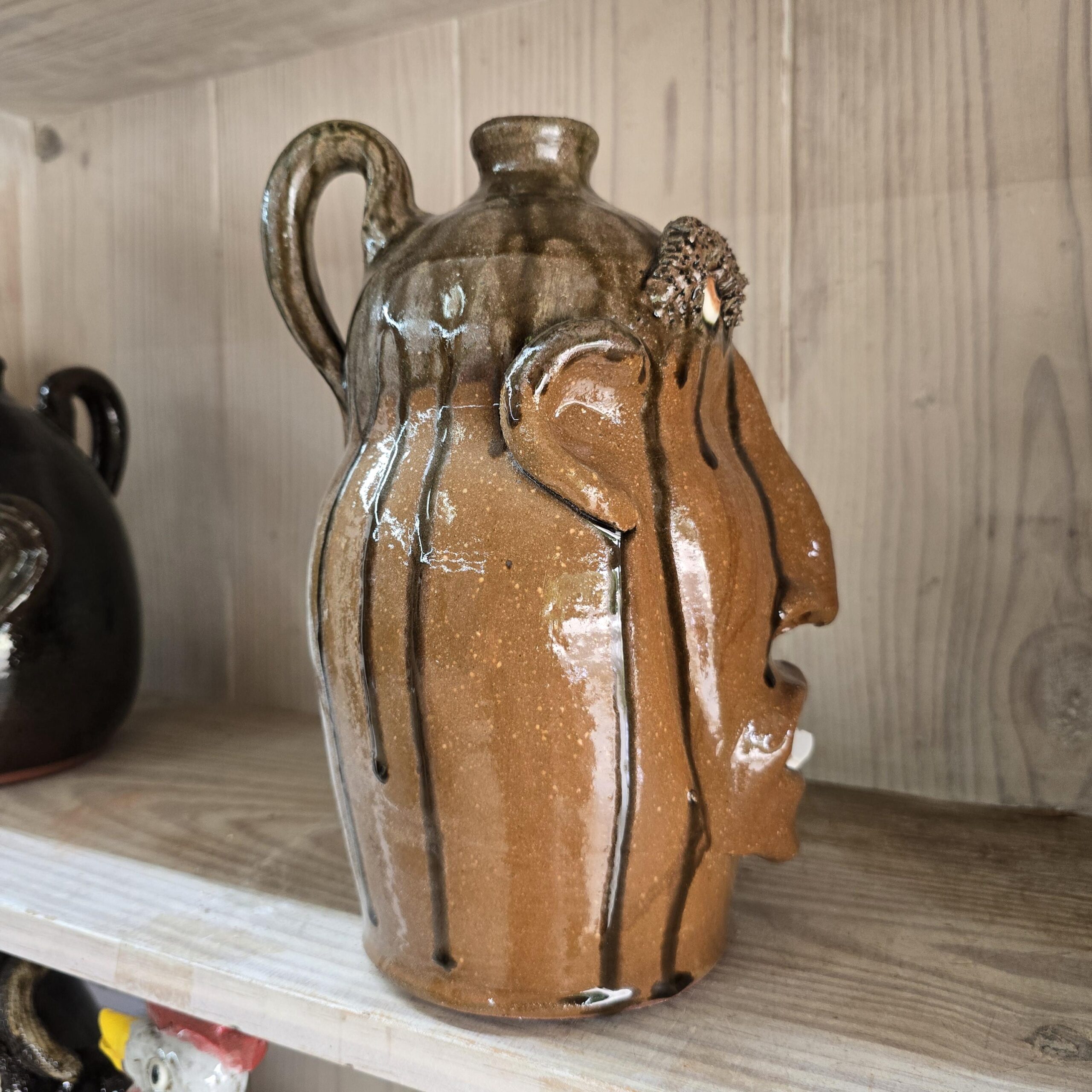 Brown with Tobacco Spit Glazed Face Jug by Billy Joe Craven 11" Tall - Image 4