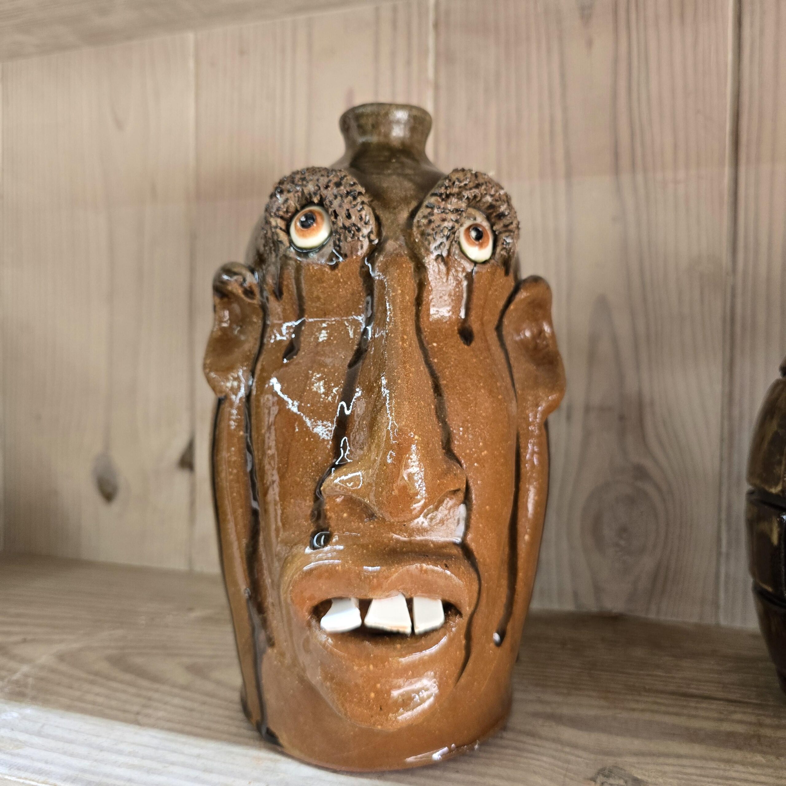Brown with Tobacco Spit Glazed Face Jug by Billy Joe Craven 11" Tall - Image 8