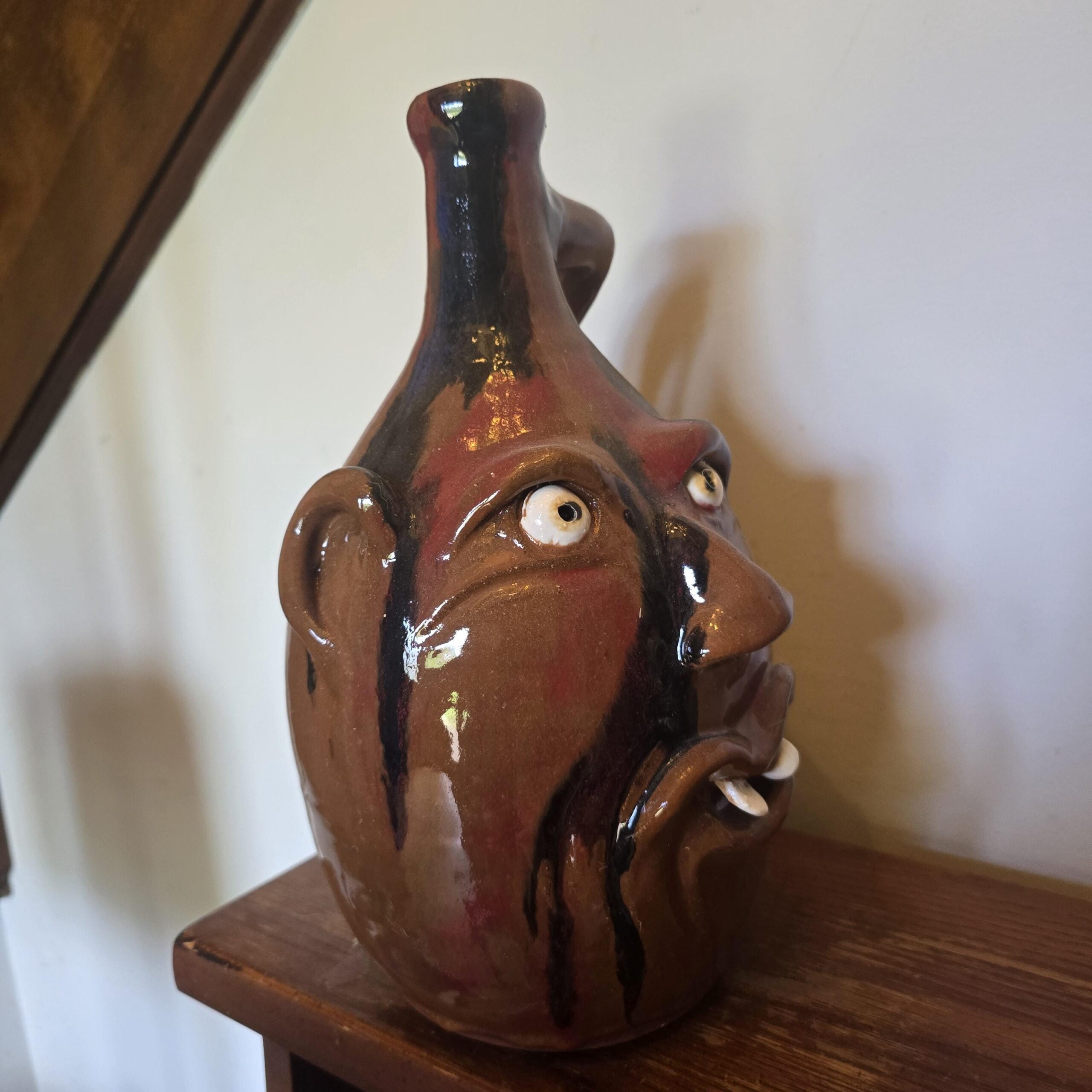 Brown Glazed Face Jug by Billy Joe Craven | 12.25" x 7.5" - Image 3