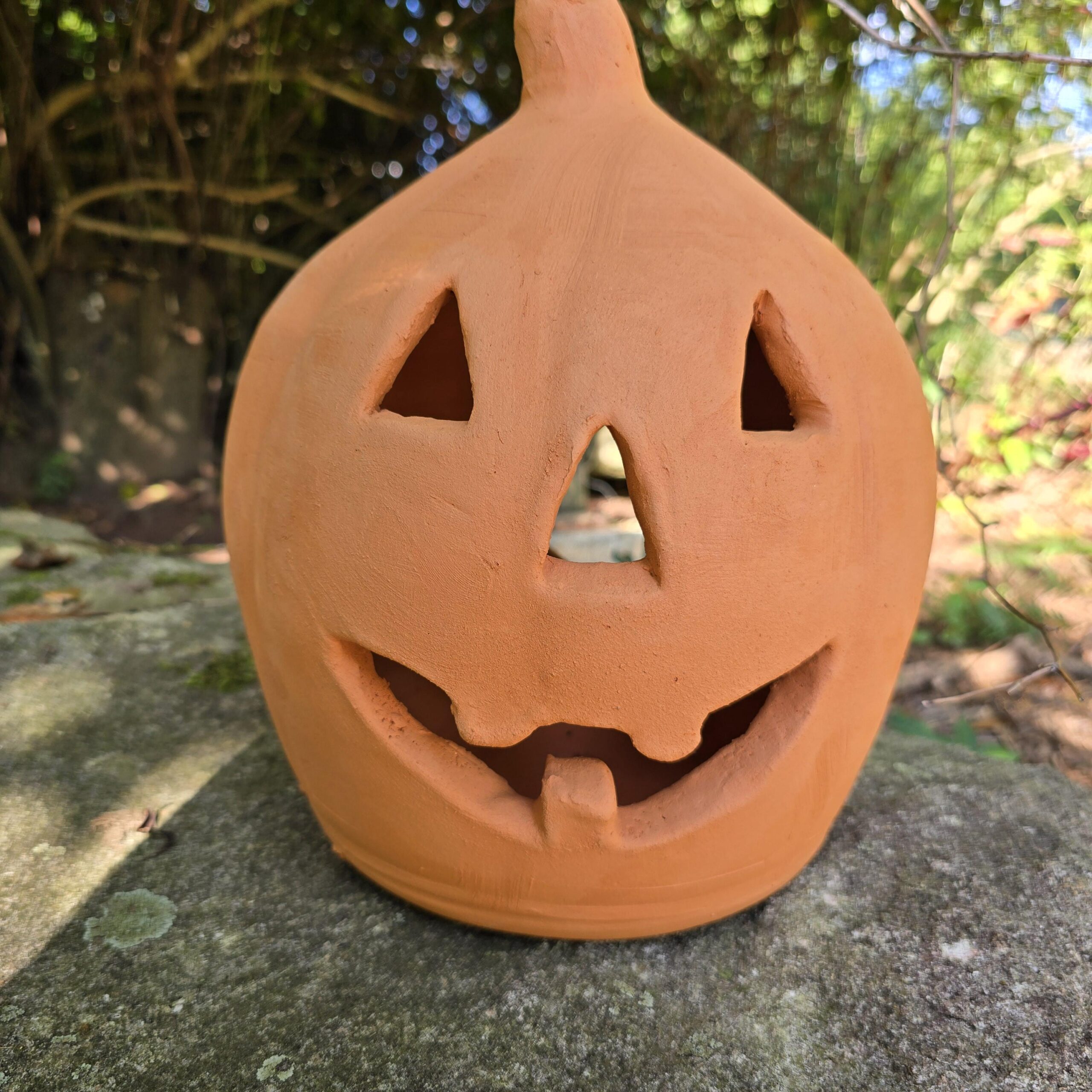 Handmade Terra Cotta Smiling Jack-o'-lantern Red Clay Pumpkin | 12" Tall - Image 3