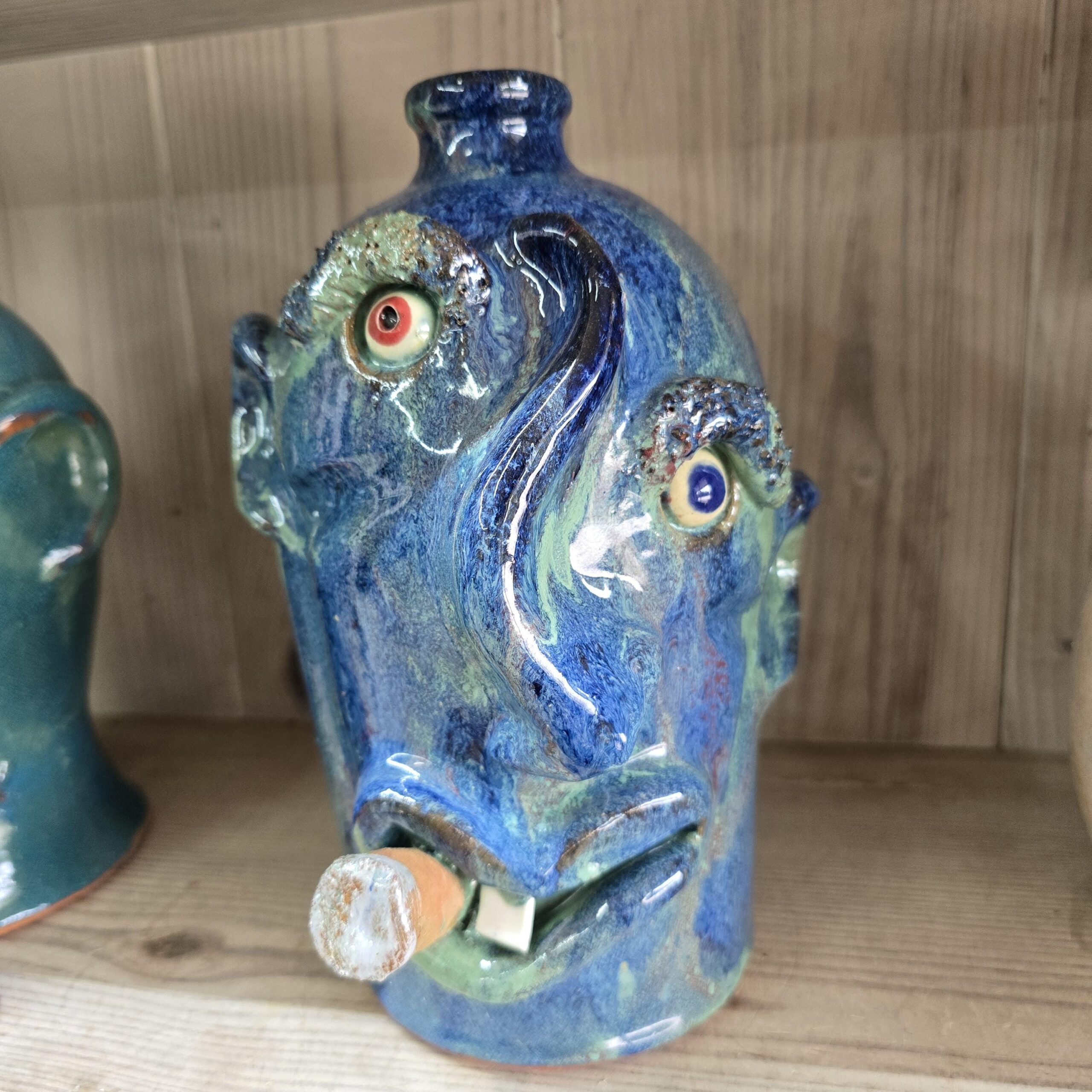 Blue Green Crooked Nose Face Jug by Billy Joe Craven 11" Tall