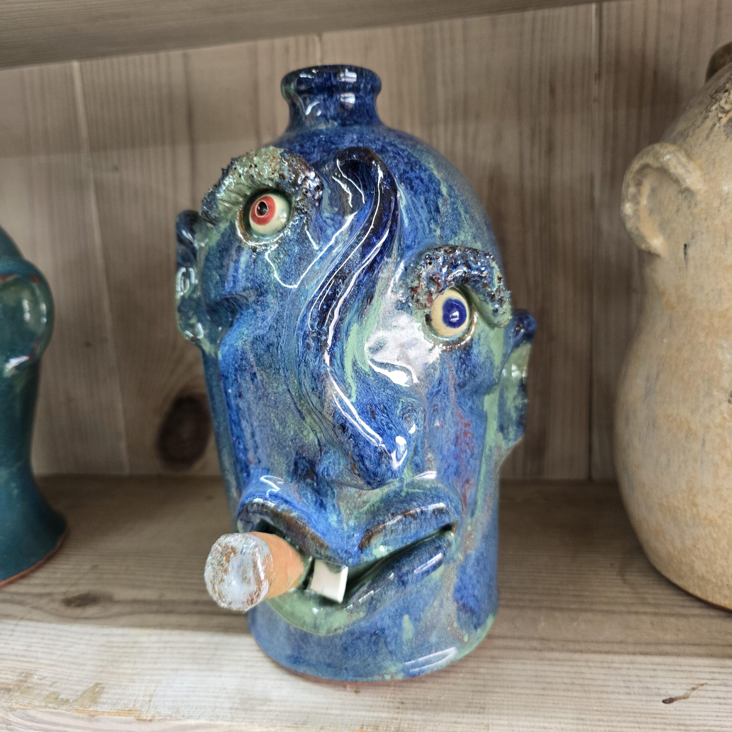 Blue Green Crooked Nose Face Jug by Billy Joe Craven 11" Tall - Image 7
