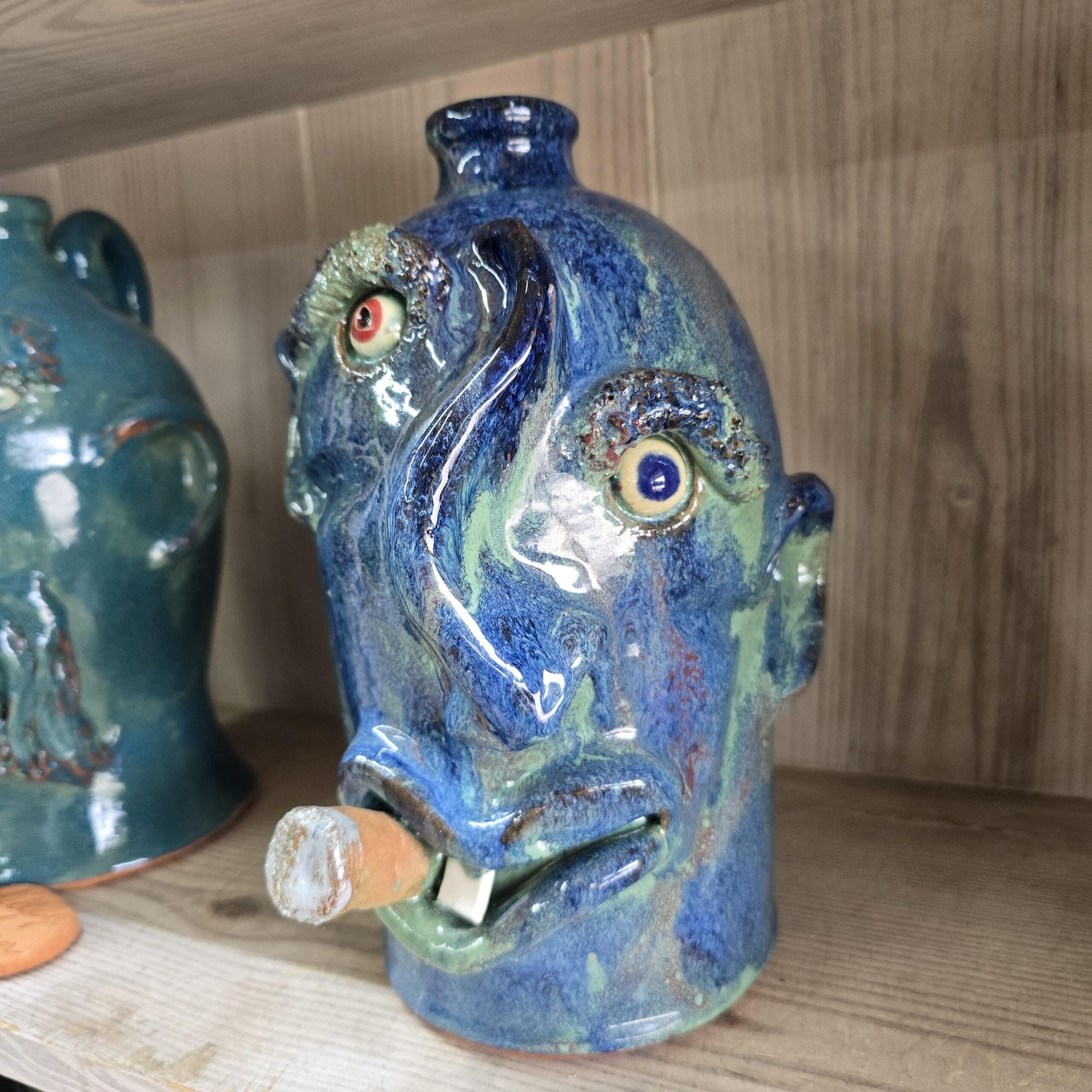 Blue Green Crooked Nose Face Jug by Billy Joe Craven 11" Tall - Image 3