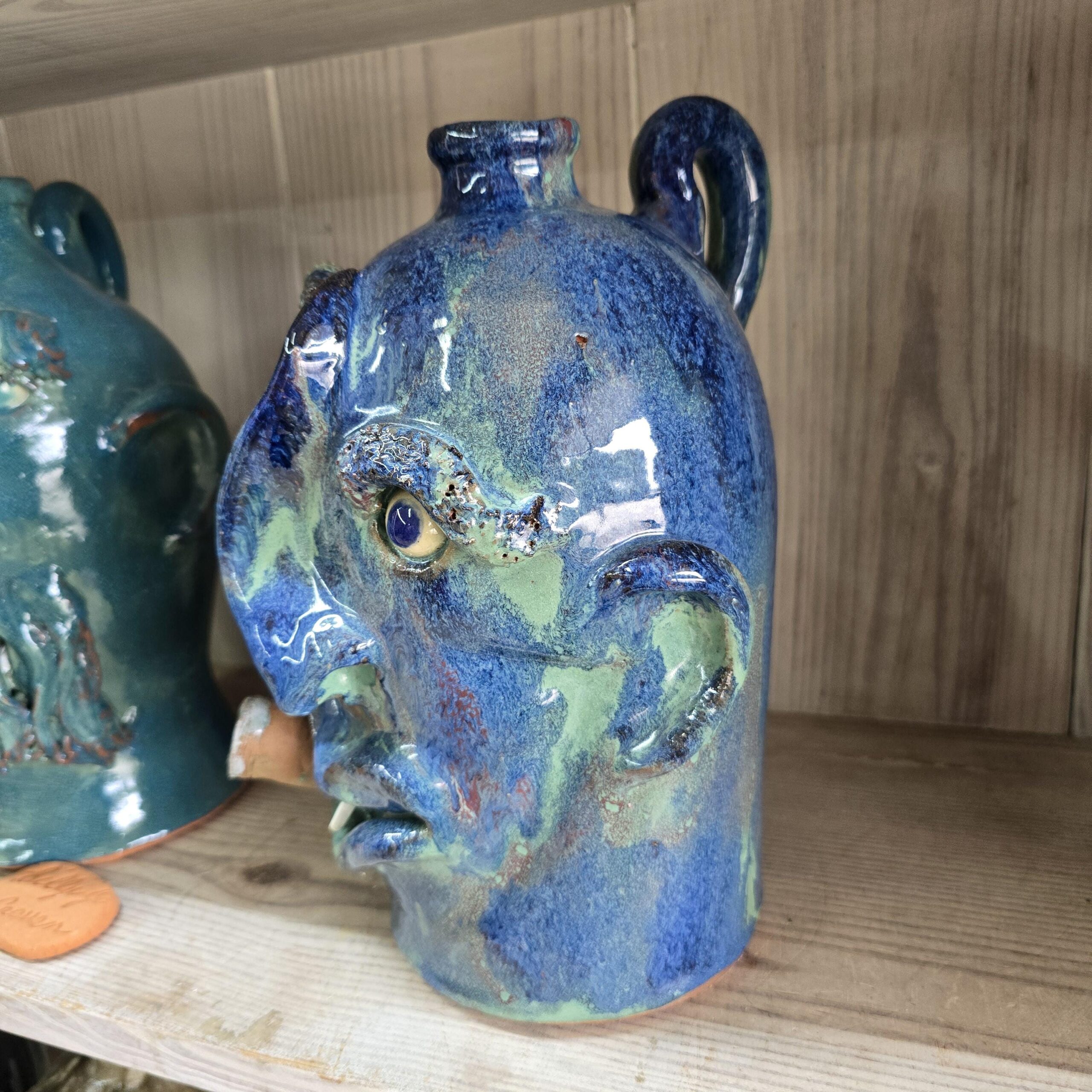 Blue Green Crooked Nose Face Jug by Billy Joe Craven 11" Tall - Image 6