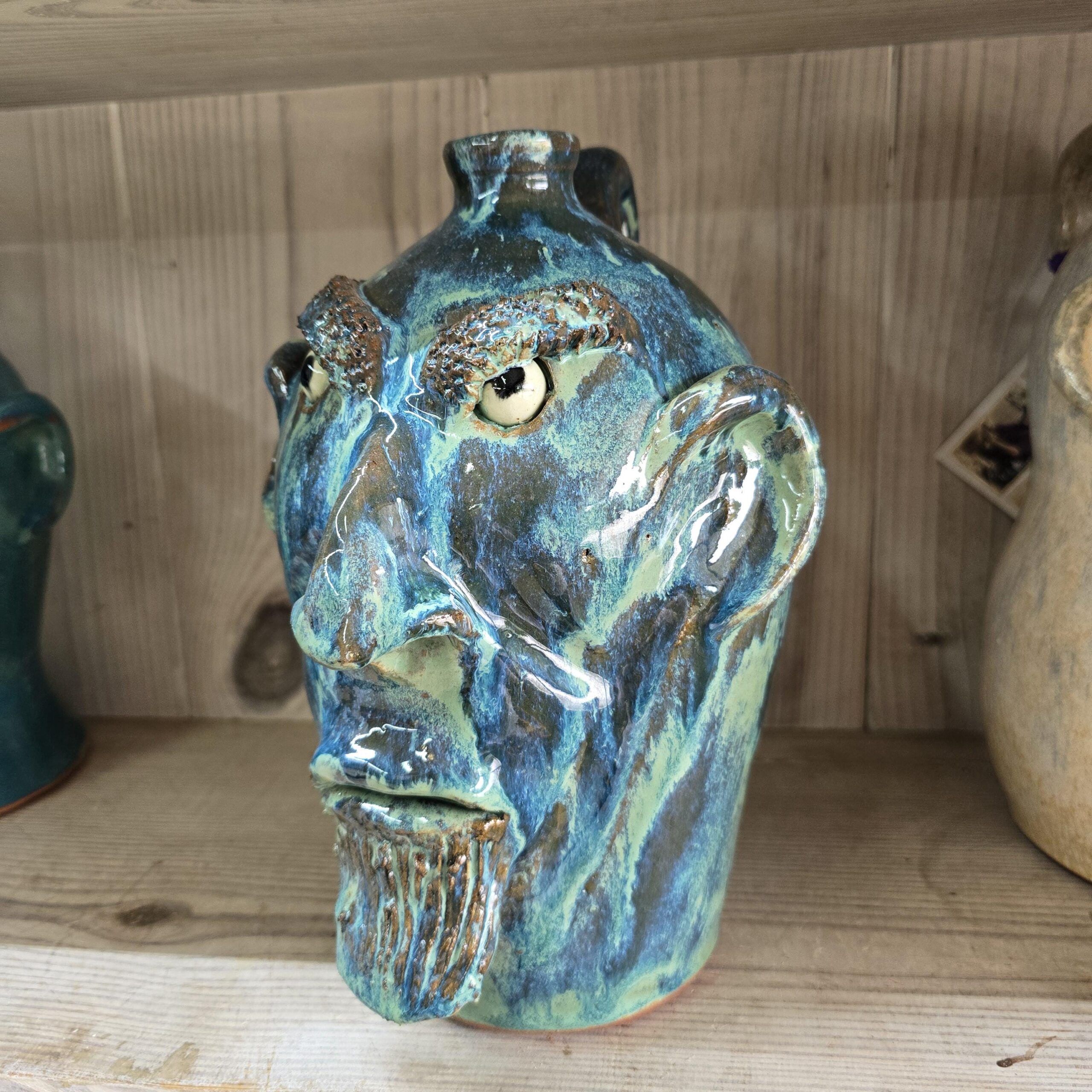 Blue Green Angry Face Jug by Billy Joe Craven 11" Tall - Image 6