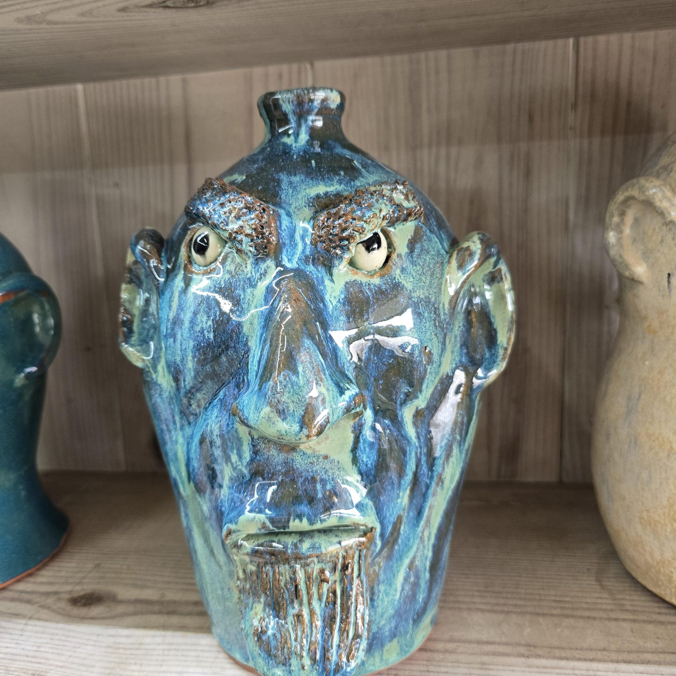 Blue Green Angry Face Jug by Billy Joe Craven 11" Tall