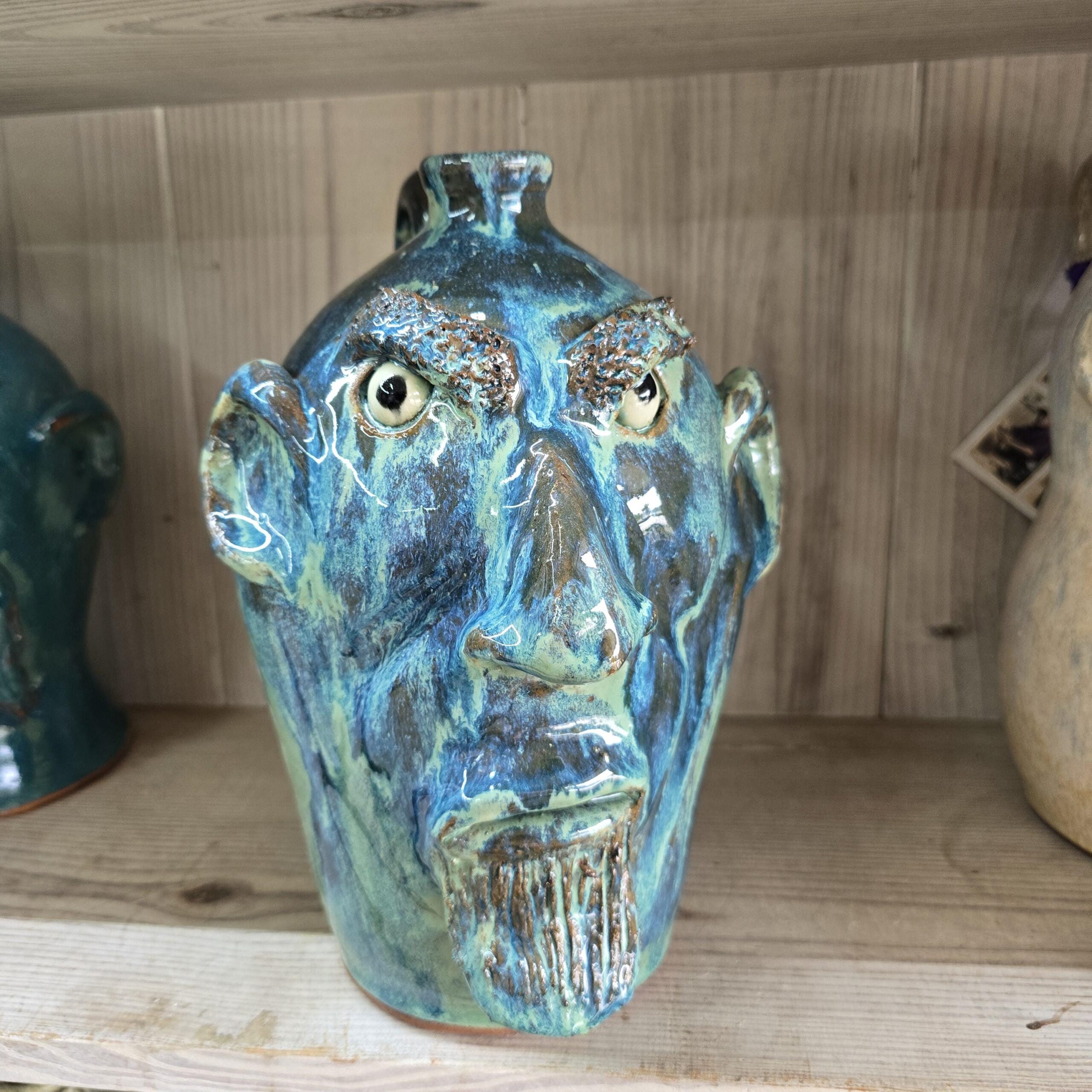 Blue Green Angry Face Jug by Billy Joe Craven 11" Tall - Image 7