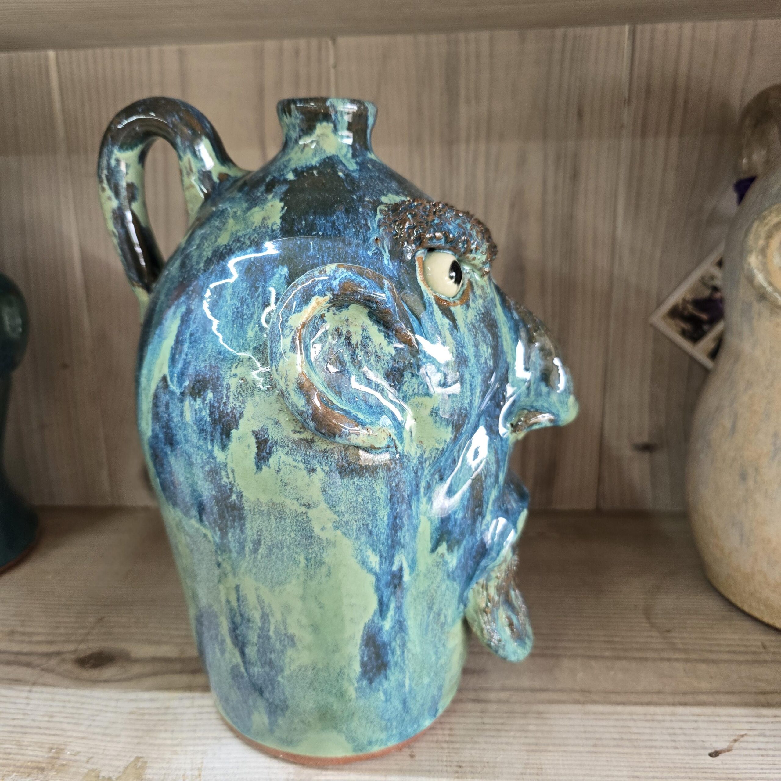 Blue Green Angry Face Jug by Billy Joe Craven 11" Tall - Image 3