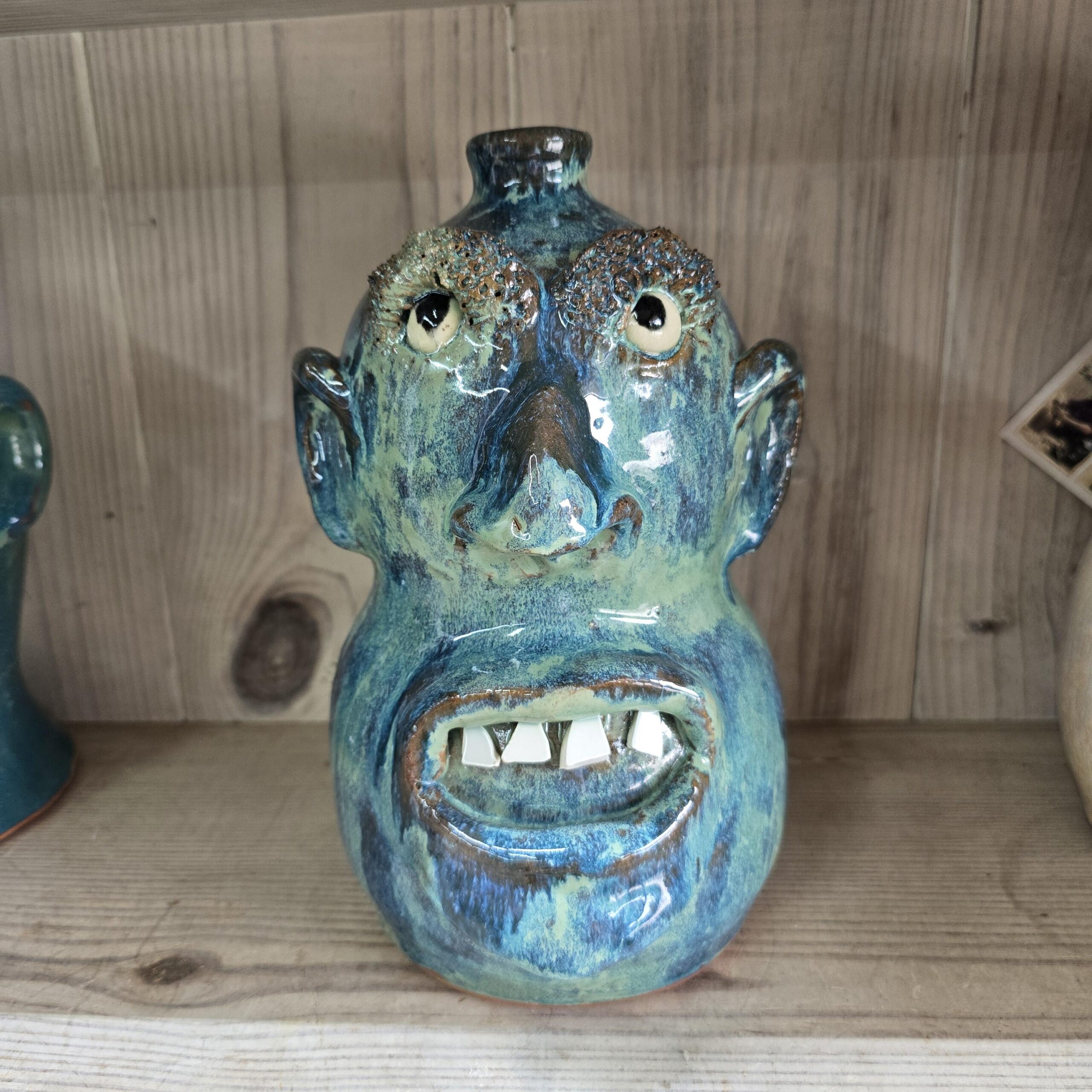 Blue Green Face Jug by Billy Joe Craven 11" Tall