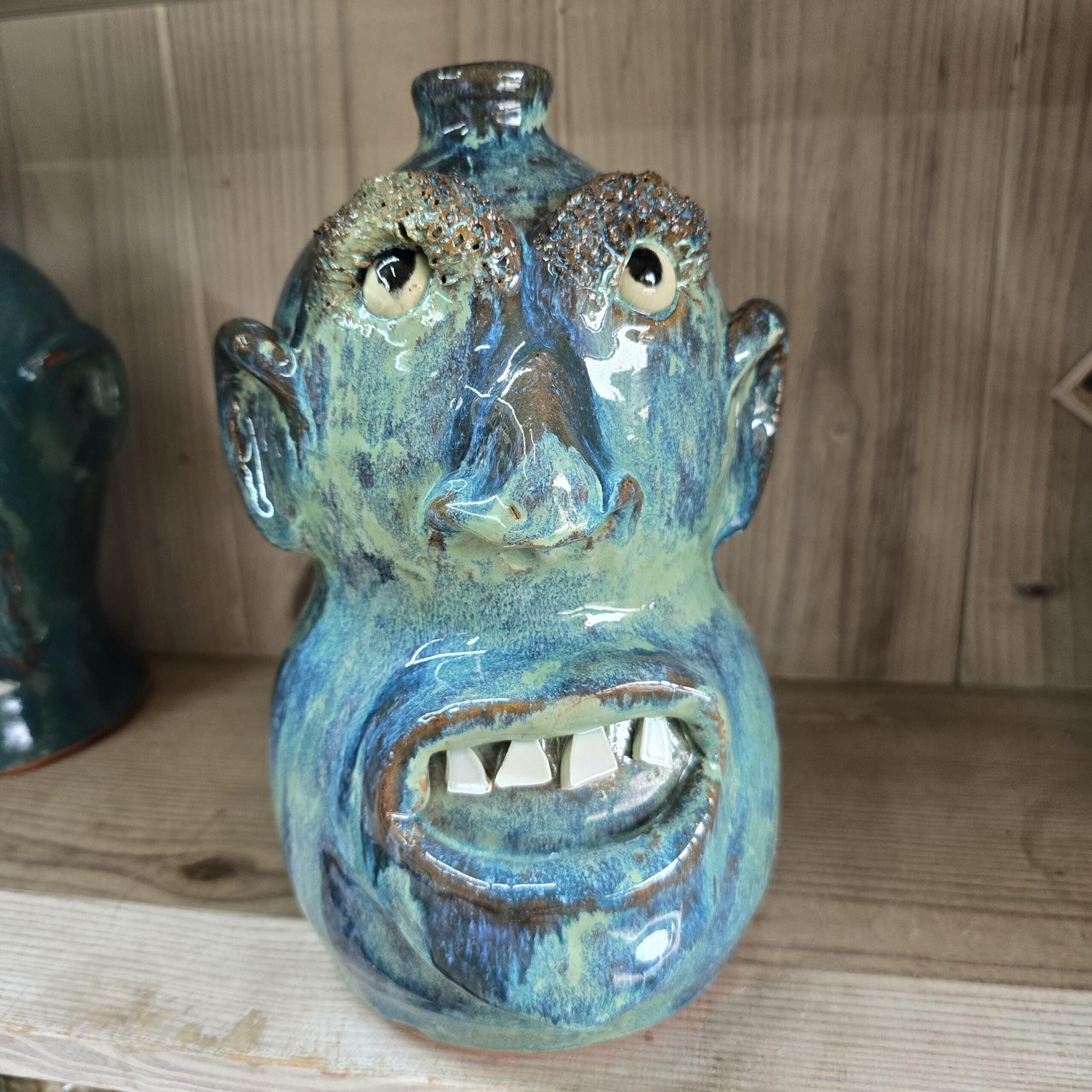 Blue Green Face Jug by Billy Joe Craven 11" Tall - Image 6