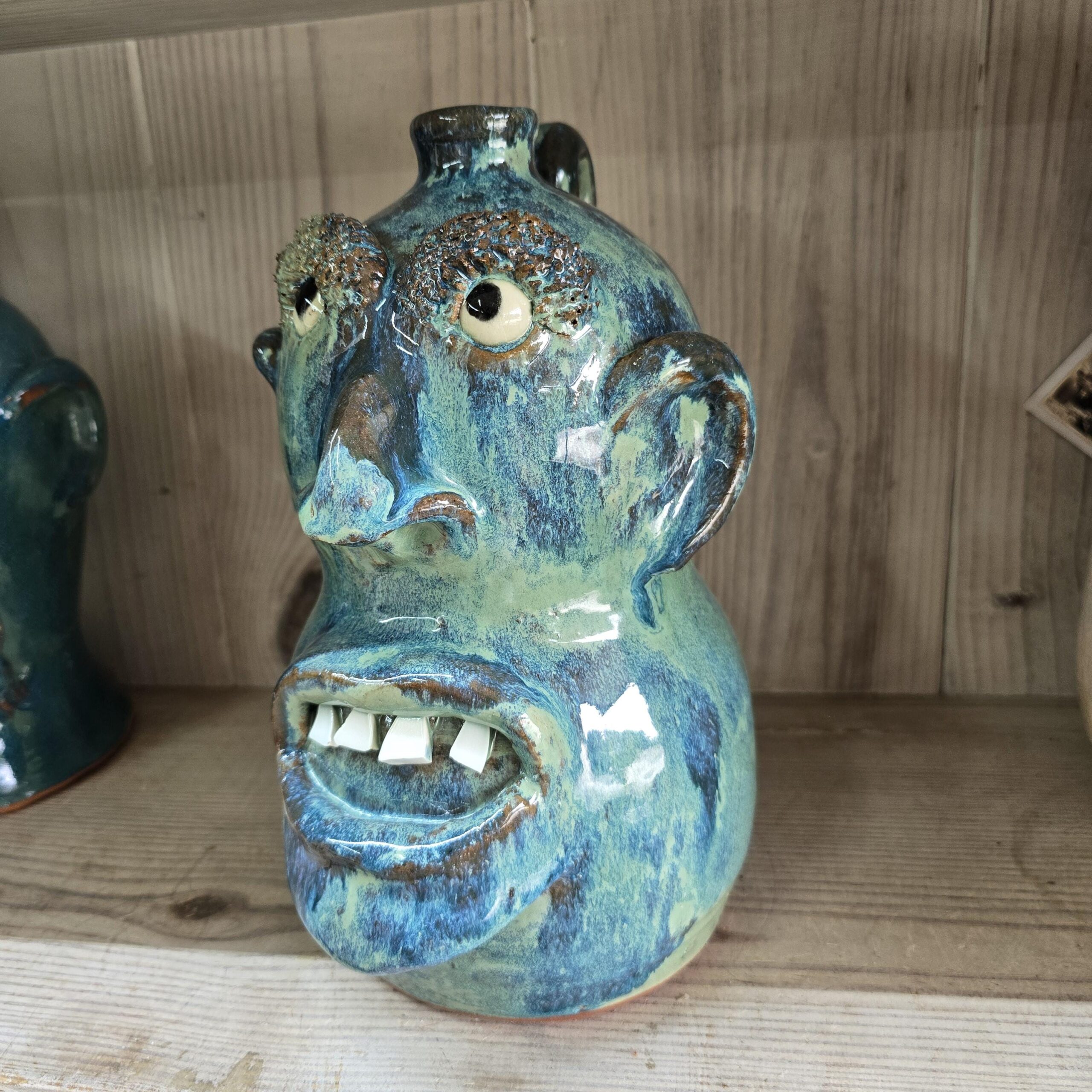 Blue Green Face Jug by Billy Joe Craven 11" Tall - Image 5