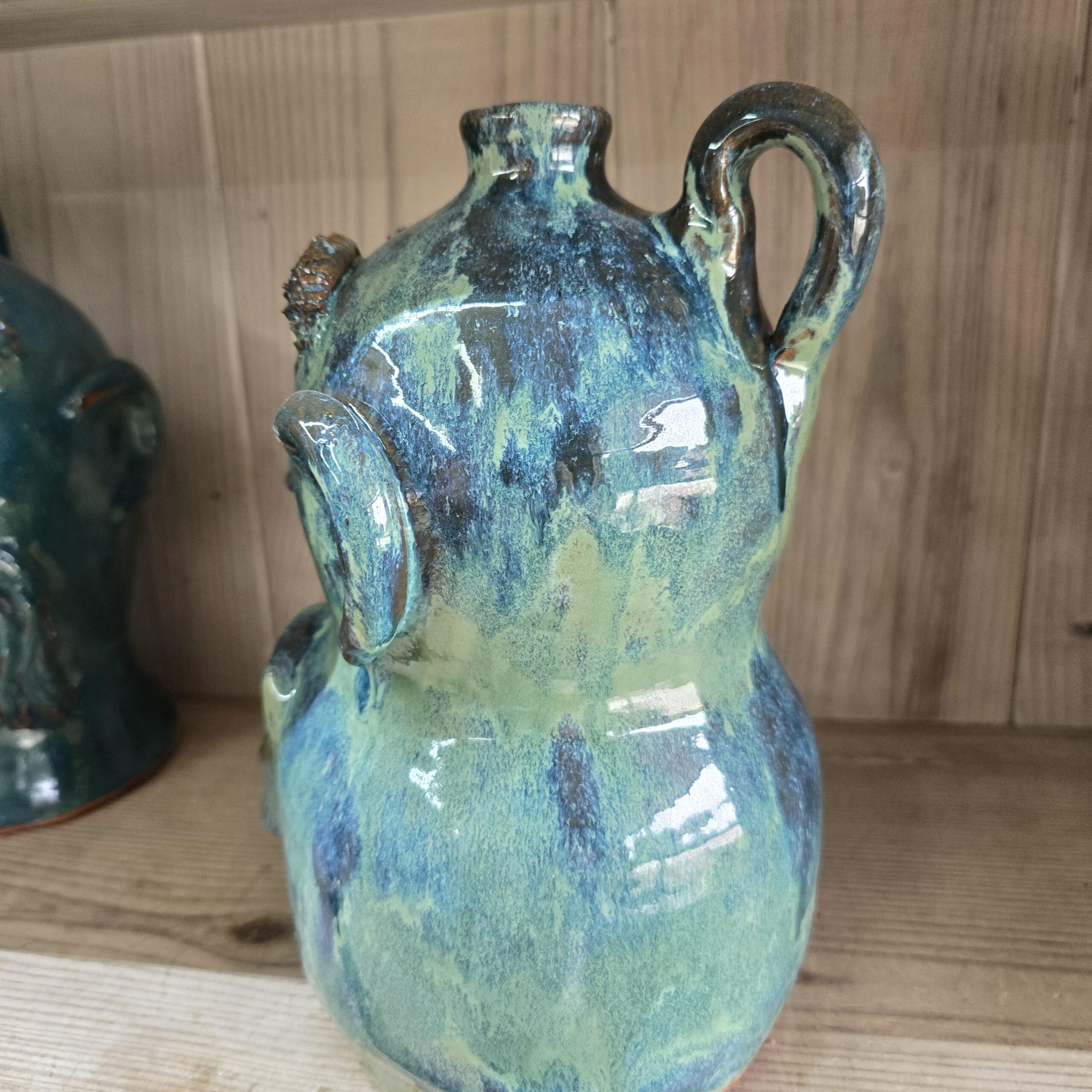 Blue Green Face Jug by Billy Joe Craven 11" Tall - Image 4
