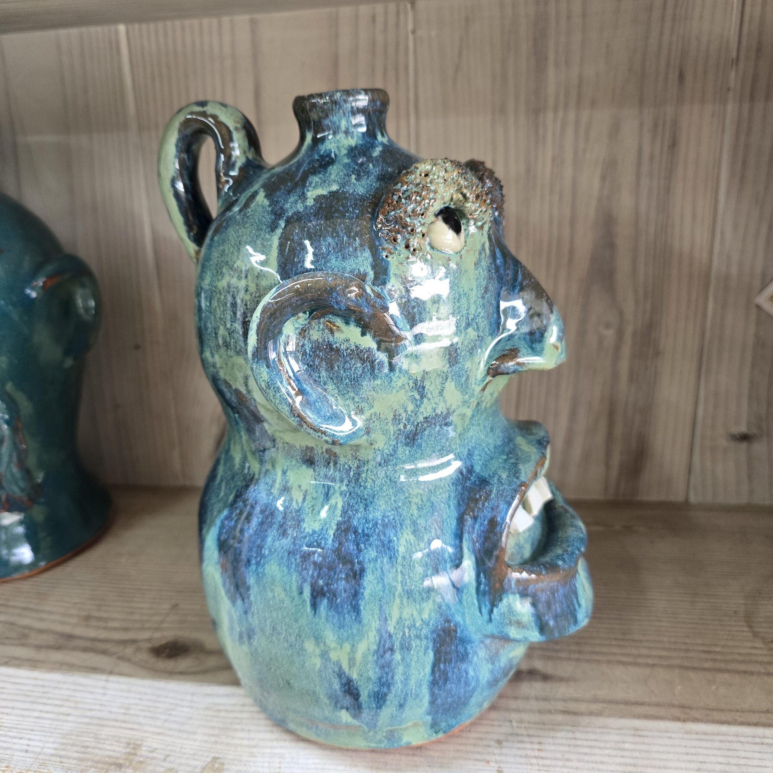Blue Green Face Jug by Billy Joe Craven 11" Tall - Image 2