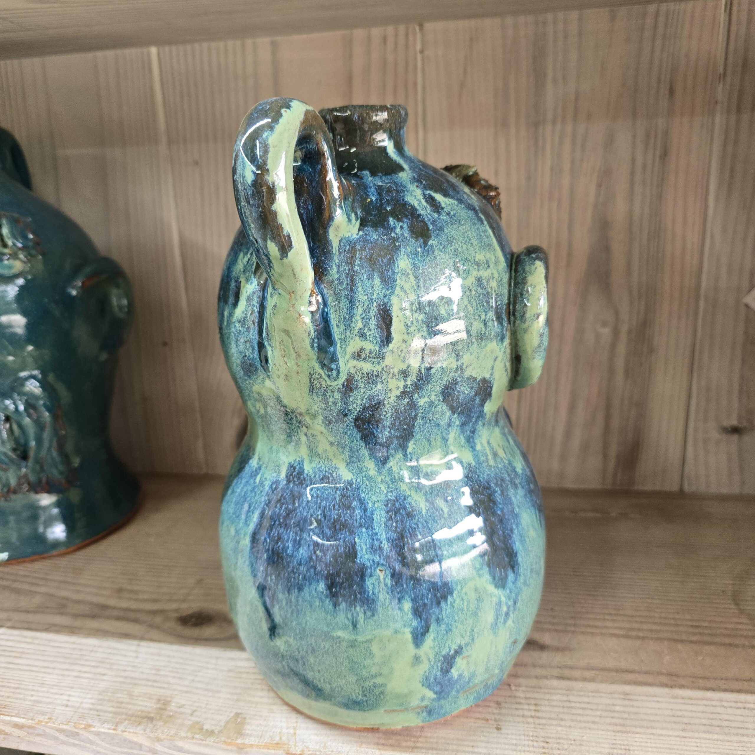 Blue Green Face Jug by Billy Joe Craven 11" Tall - Image 3