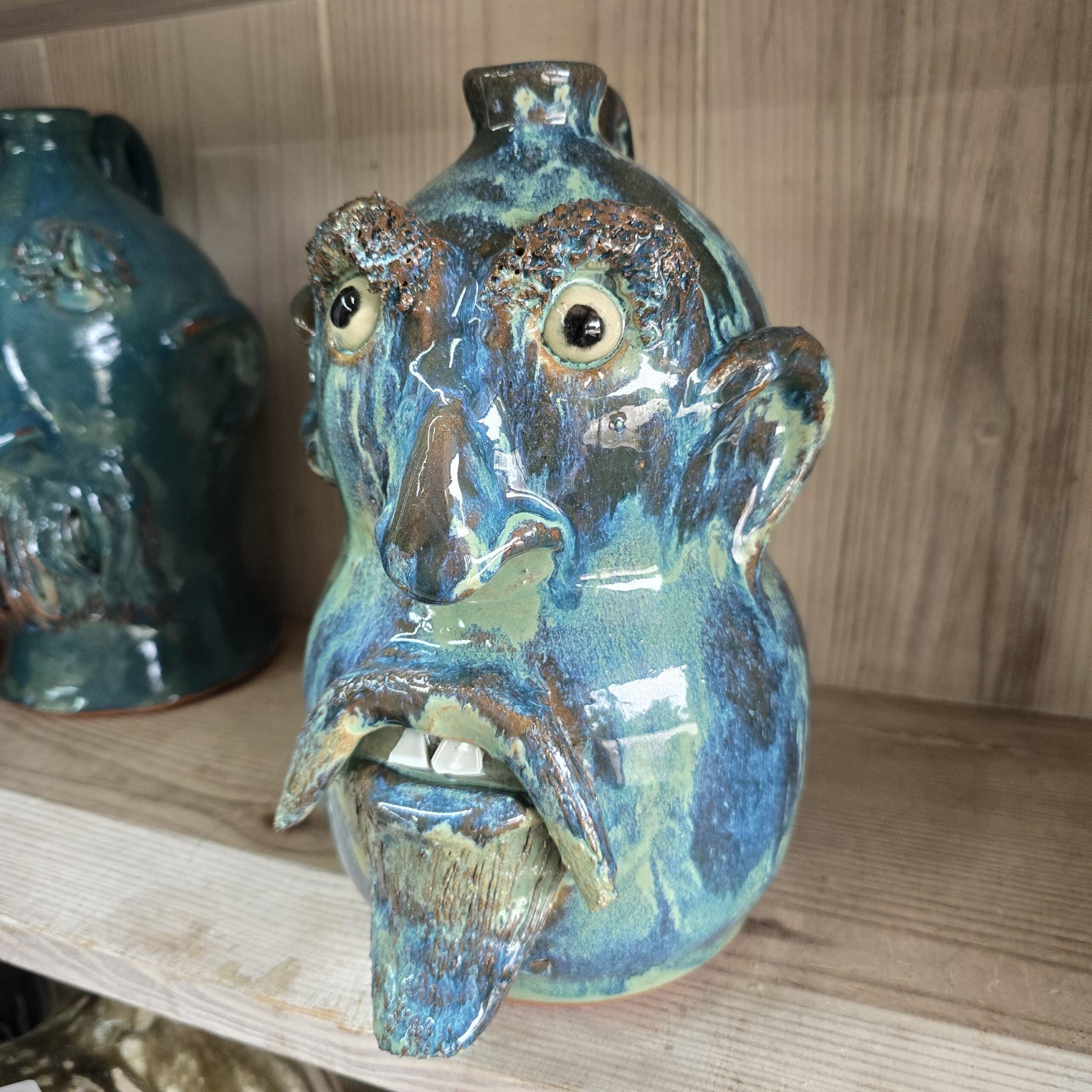 Blue Green Goatee Face Jug by Billy Joe Craven 11" Tall - Image 6
