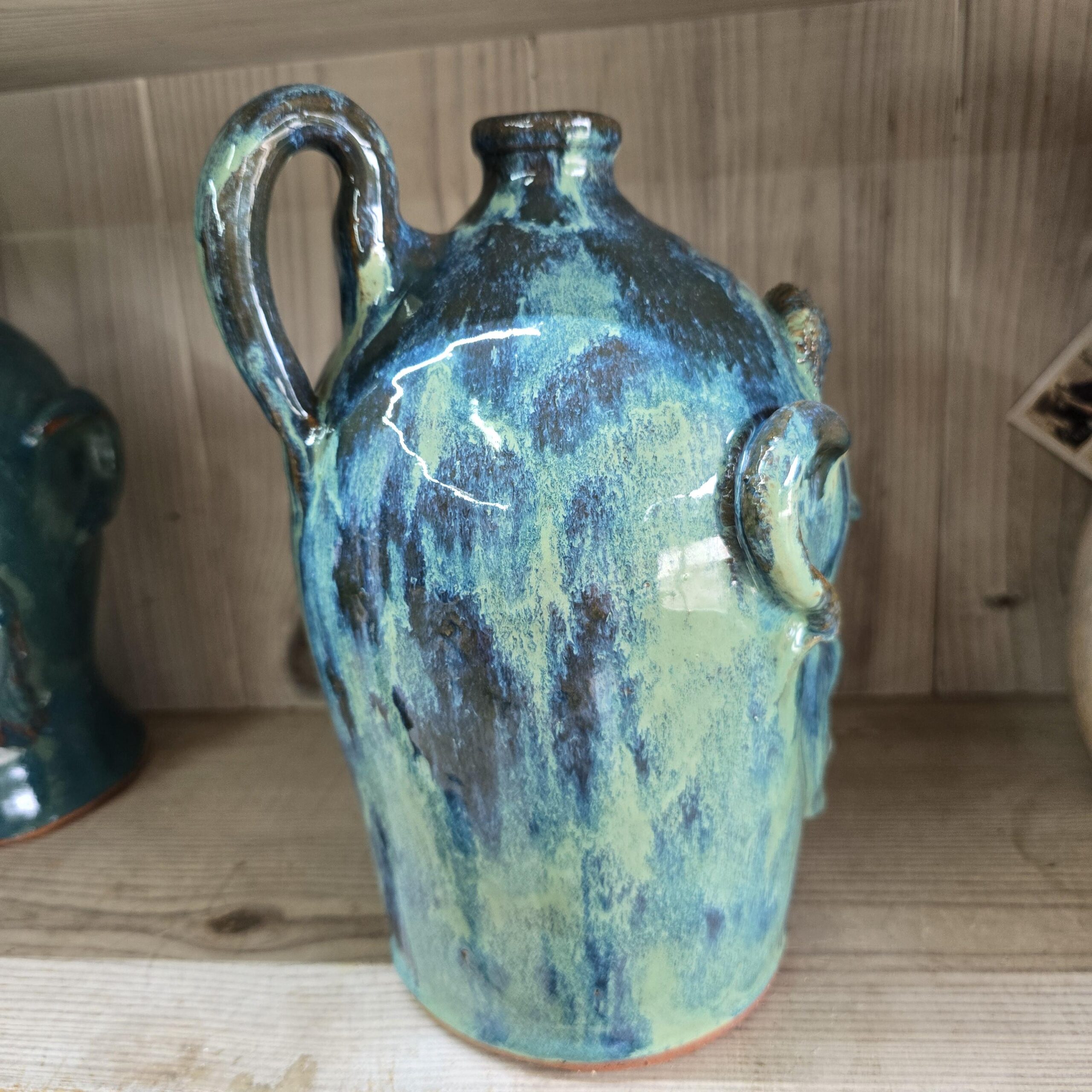 Blue Green Face Jug by Billy Joe Craven 11" Tall - Image 3