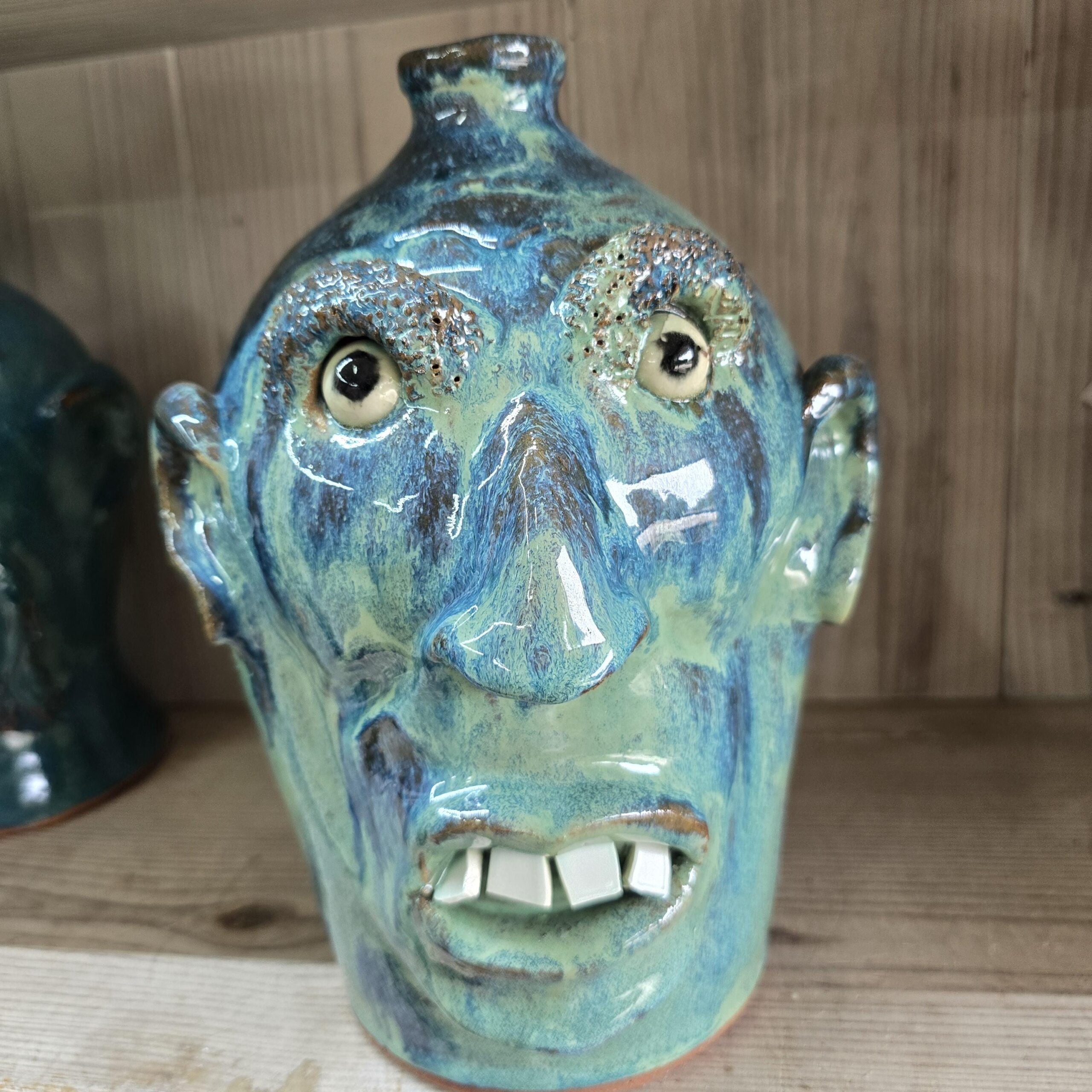 Blue Green Face Jug by Billy Joe Craven 11" Tall - Image 6