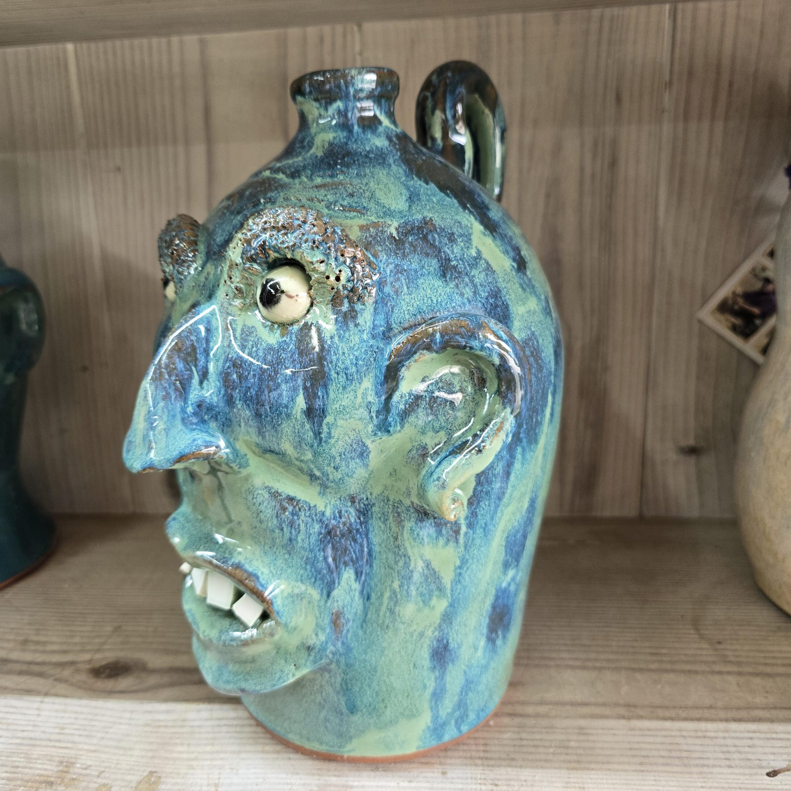 Blue Green Face Jug by Billy Joe Craven 11" Tall - Image 5