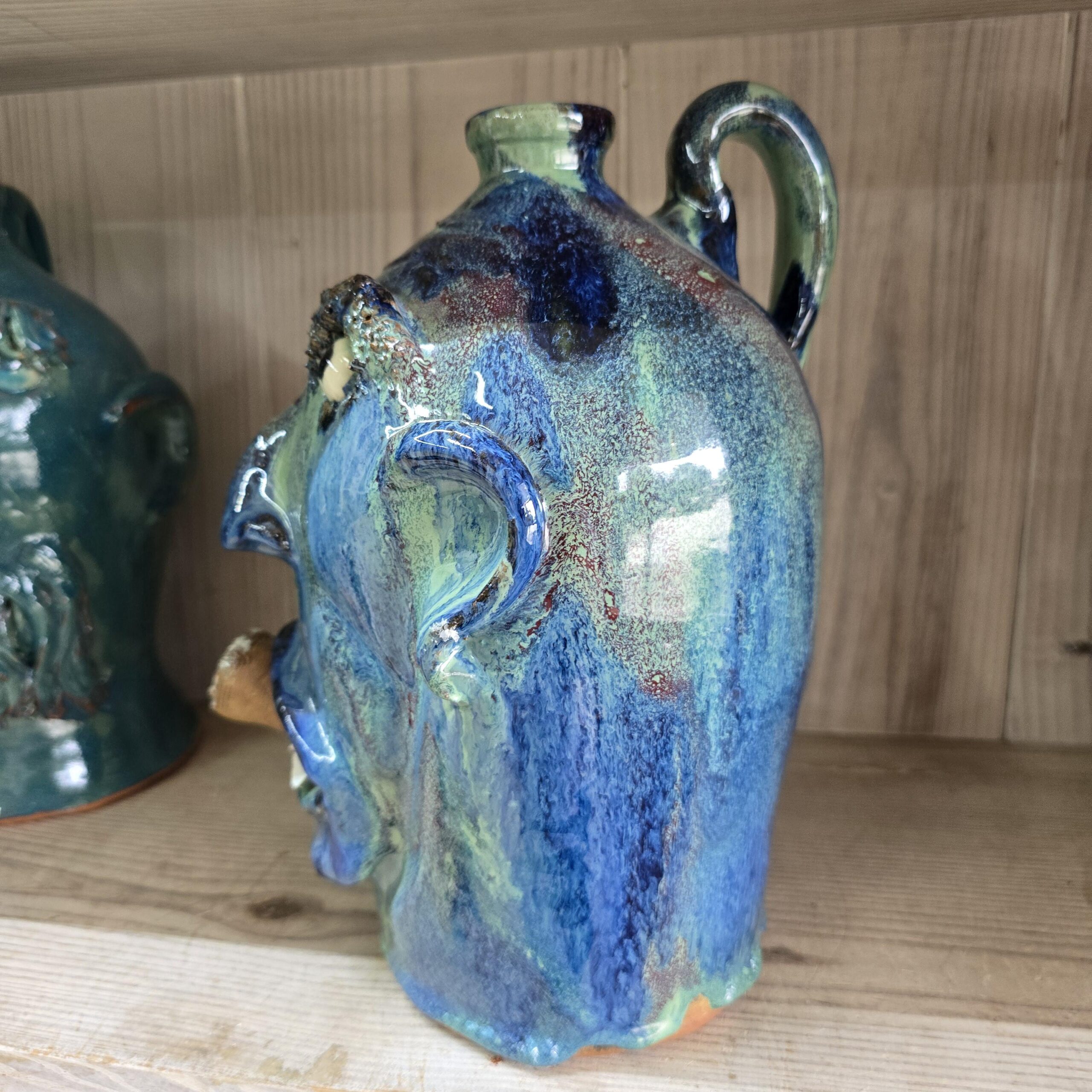 Blue Green Cigar Smoker Face Jug by Billy Joe Craven 11" Tall - Image 4