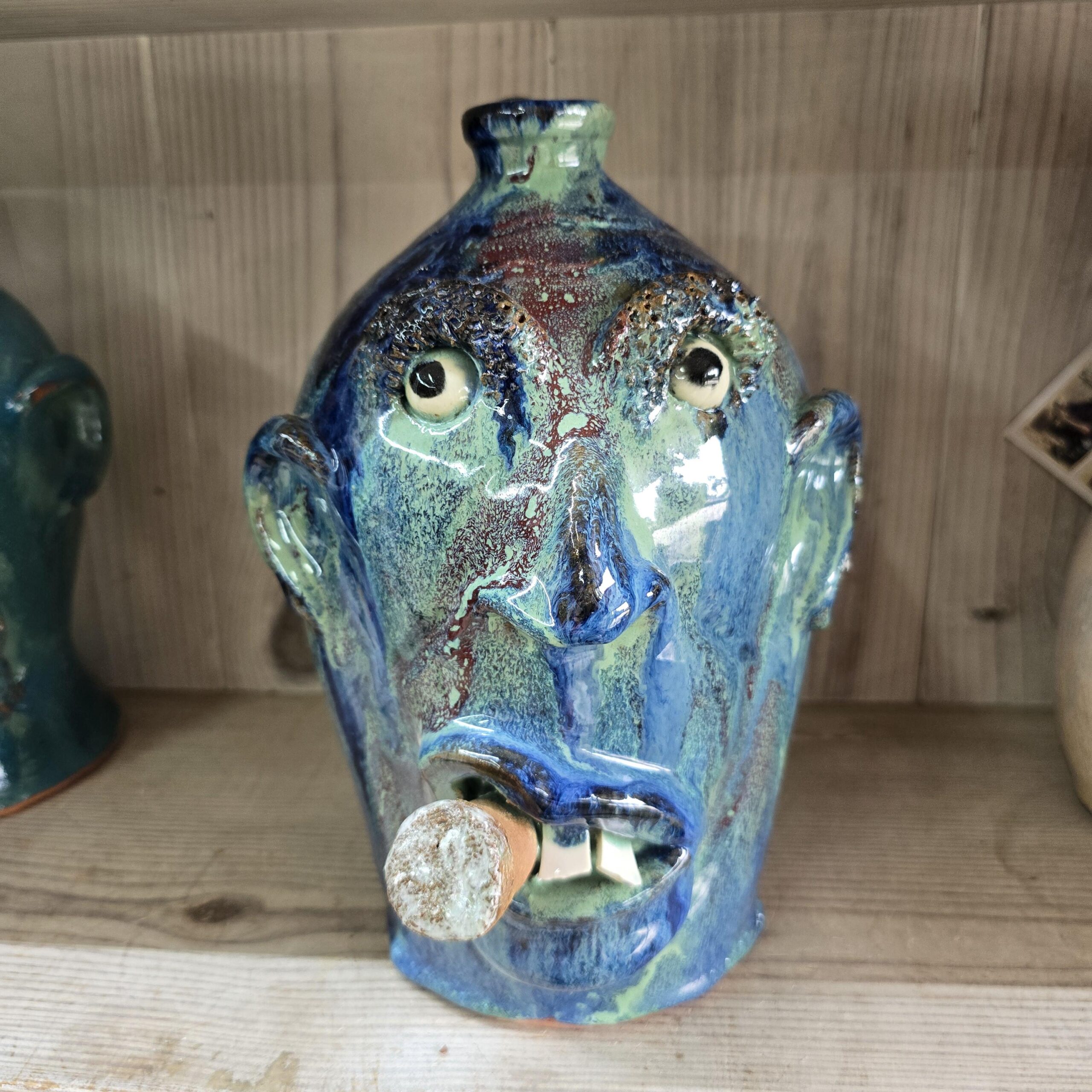 Blue Green Cigar Smoker Face Jug by Billy Joe Craven 11" Tall