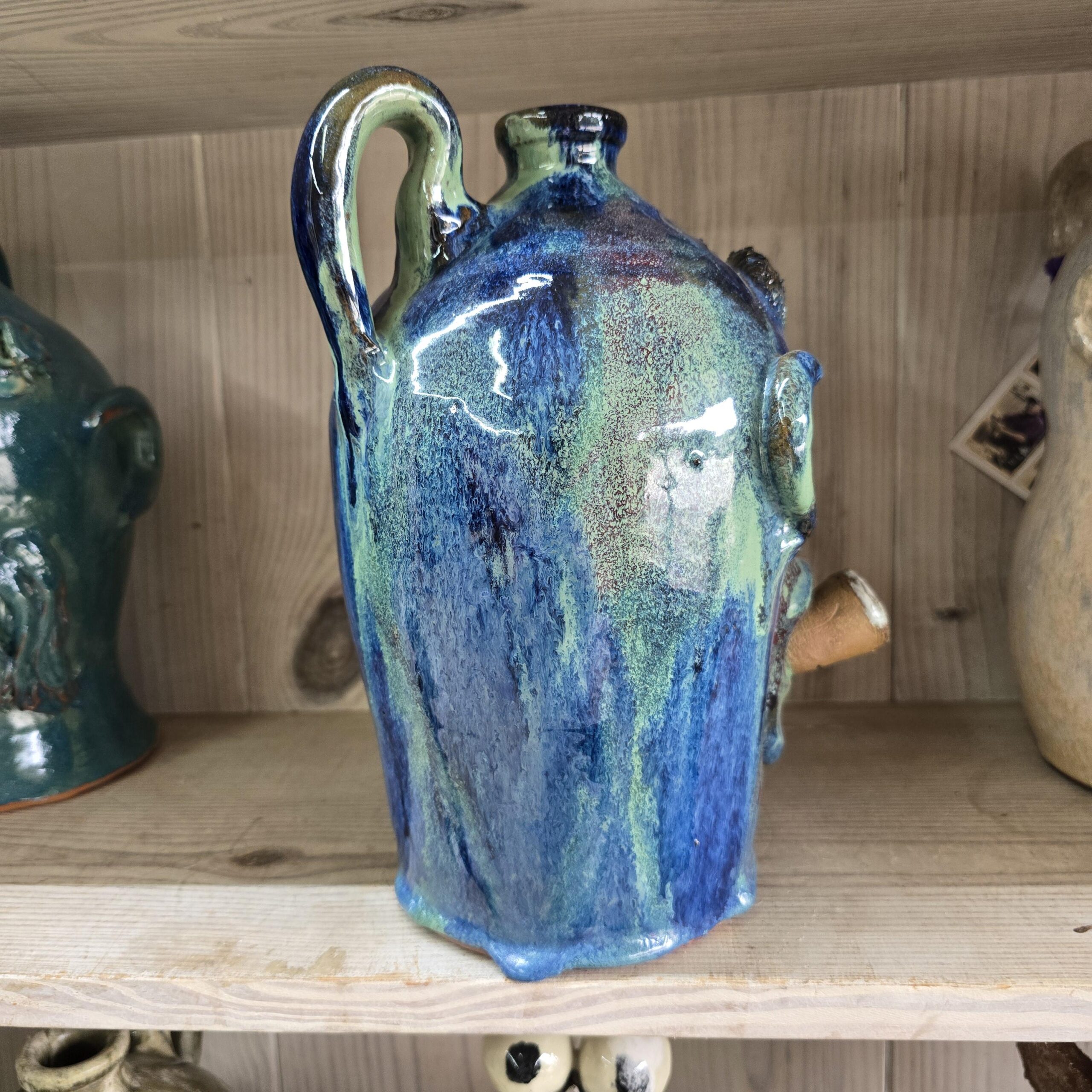 Blue Green Cigar Smoker Face Jug by Billy Joe Craven 11" Tall - Image 7