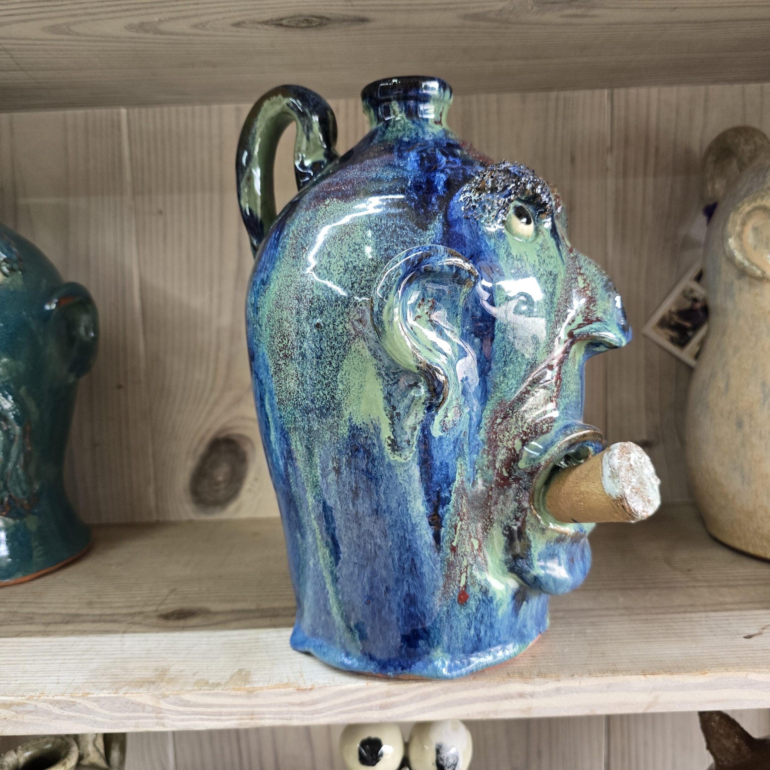 Blue Green Cigar Smoker Face Jug by Billy Joe Craven 11" Tall - Image 6