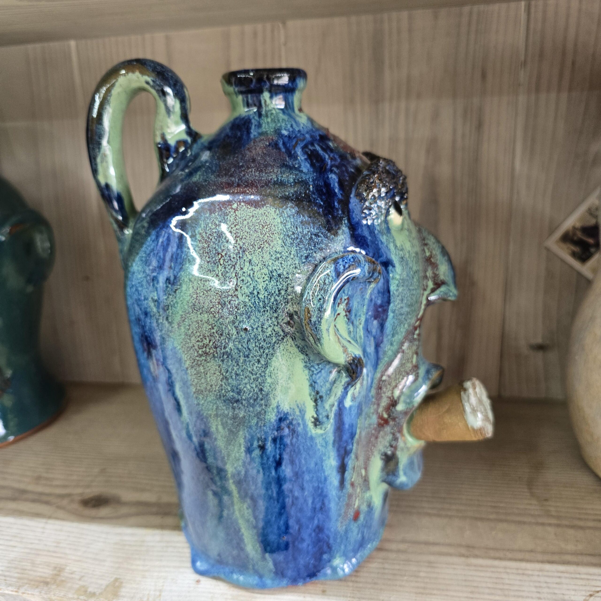 Blue Green Cigar Smoker Face Jug by Billy Joe Craven 11" Tall - Image 2