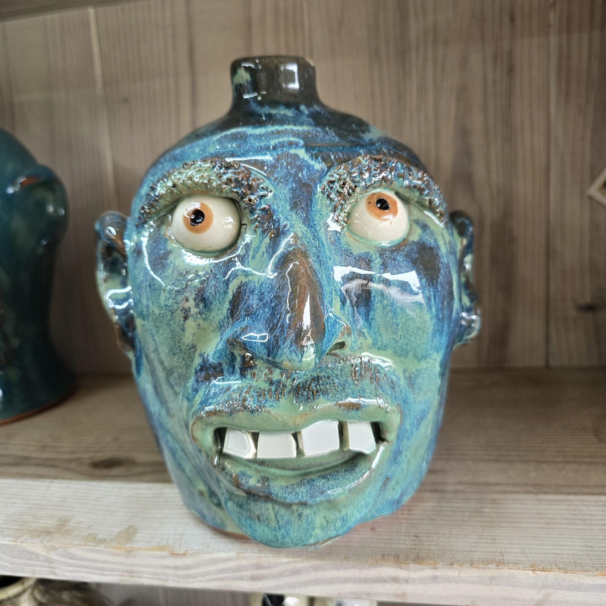 Blue Green Face Jug by Billy Joe Craven 9.5" Tall - Image 6
