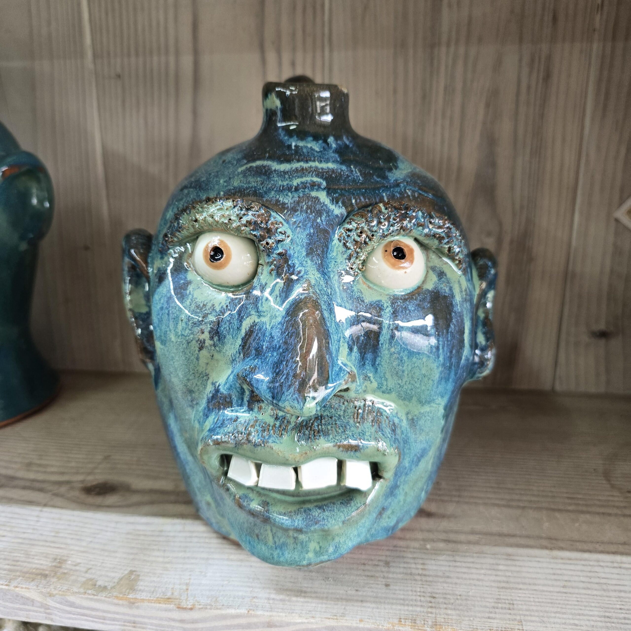 Blue Green Face Jug by Billy Joe Craven 9.5" Tall