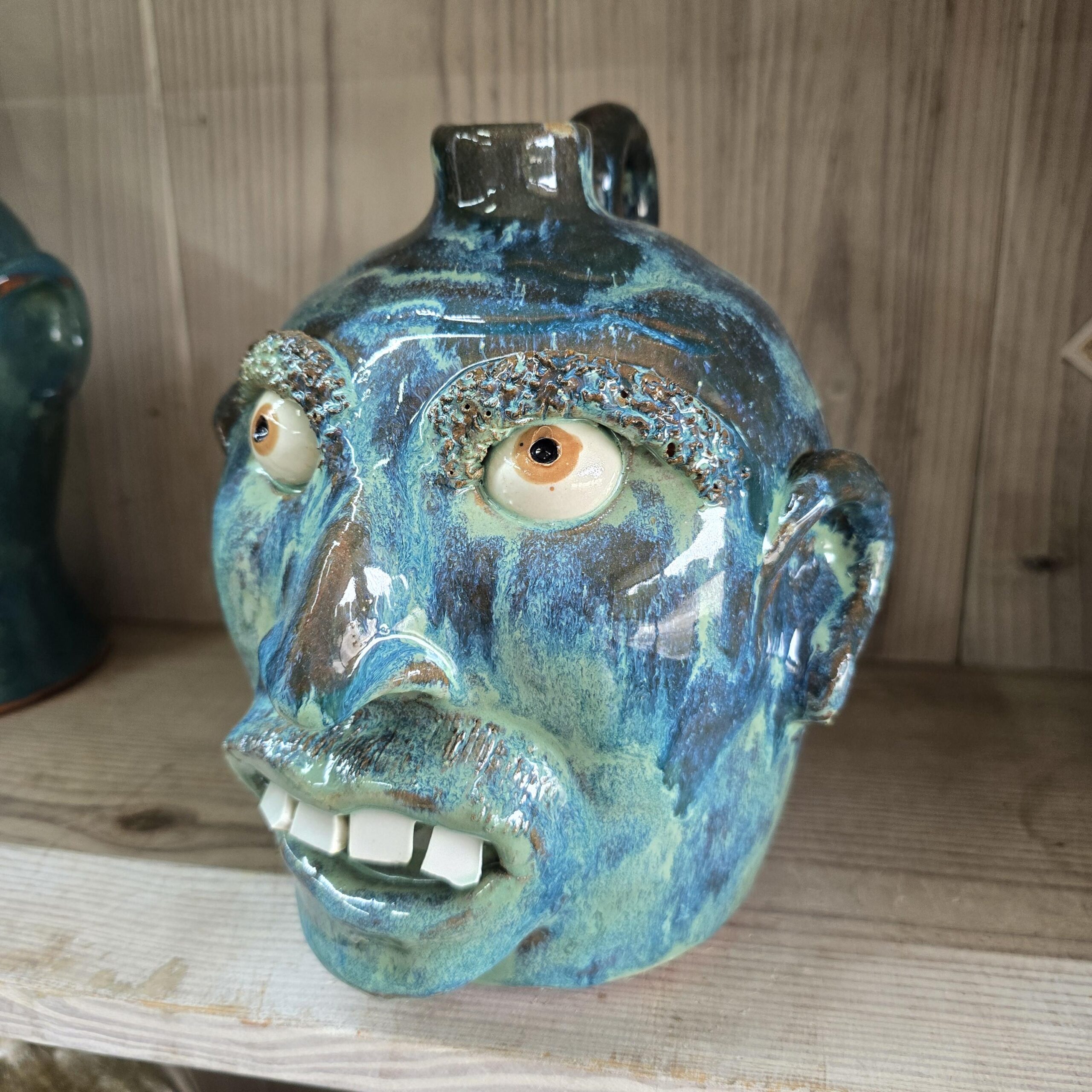 Blue Green Face Jug by Billy Joe Craven 9.5" Tall - Image 5
