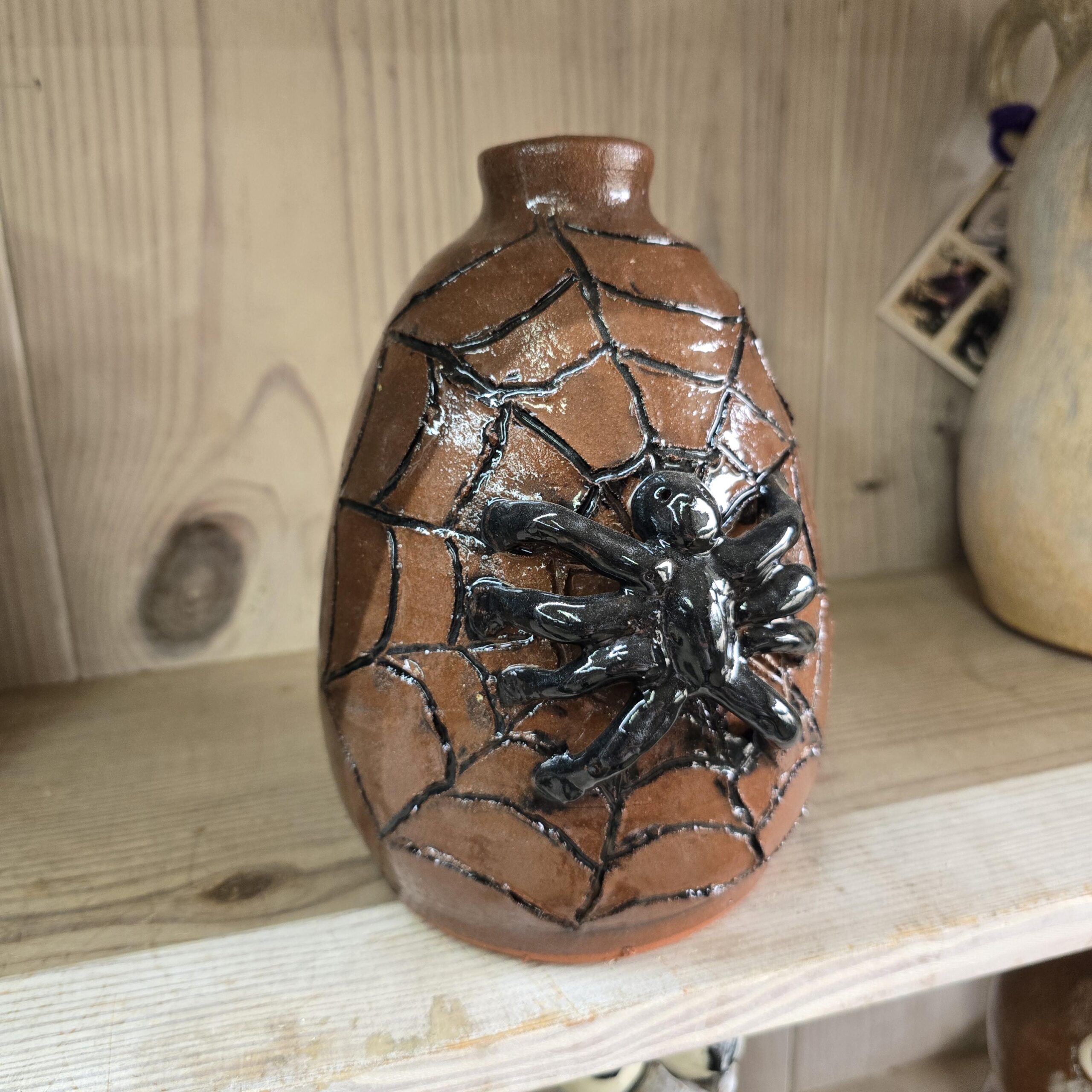 Folk Art Black Spider with Web Pottery Jug by Billy Joe Craven | 8.5" x 6" - Image 2