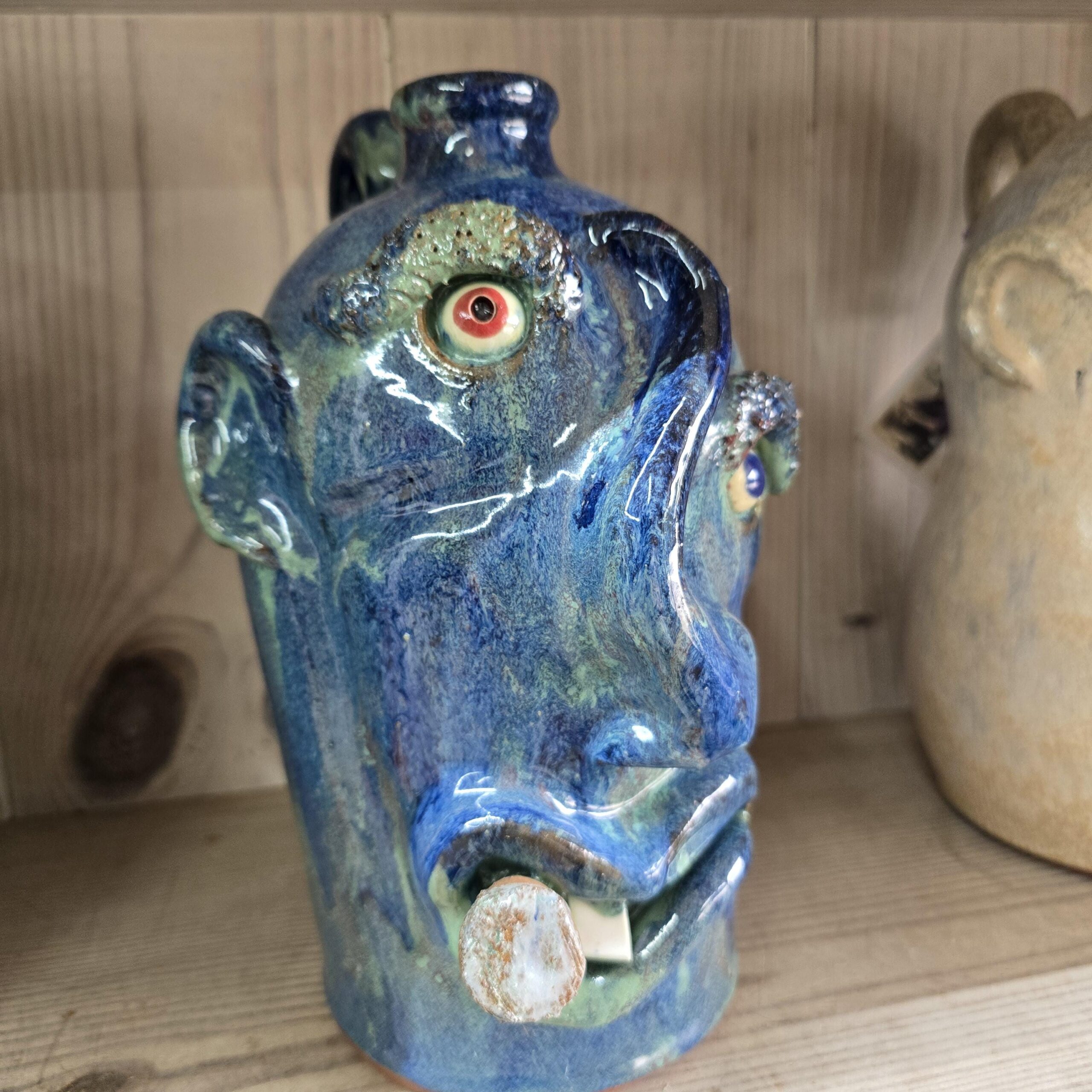 Blue Green Crooked Nose Face Jug by Billy Joe Craven 11" Tall - Image 2