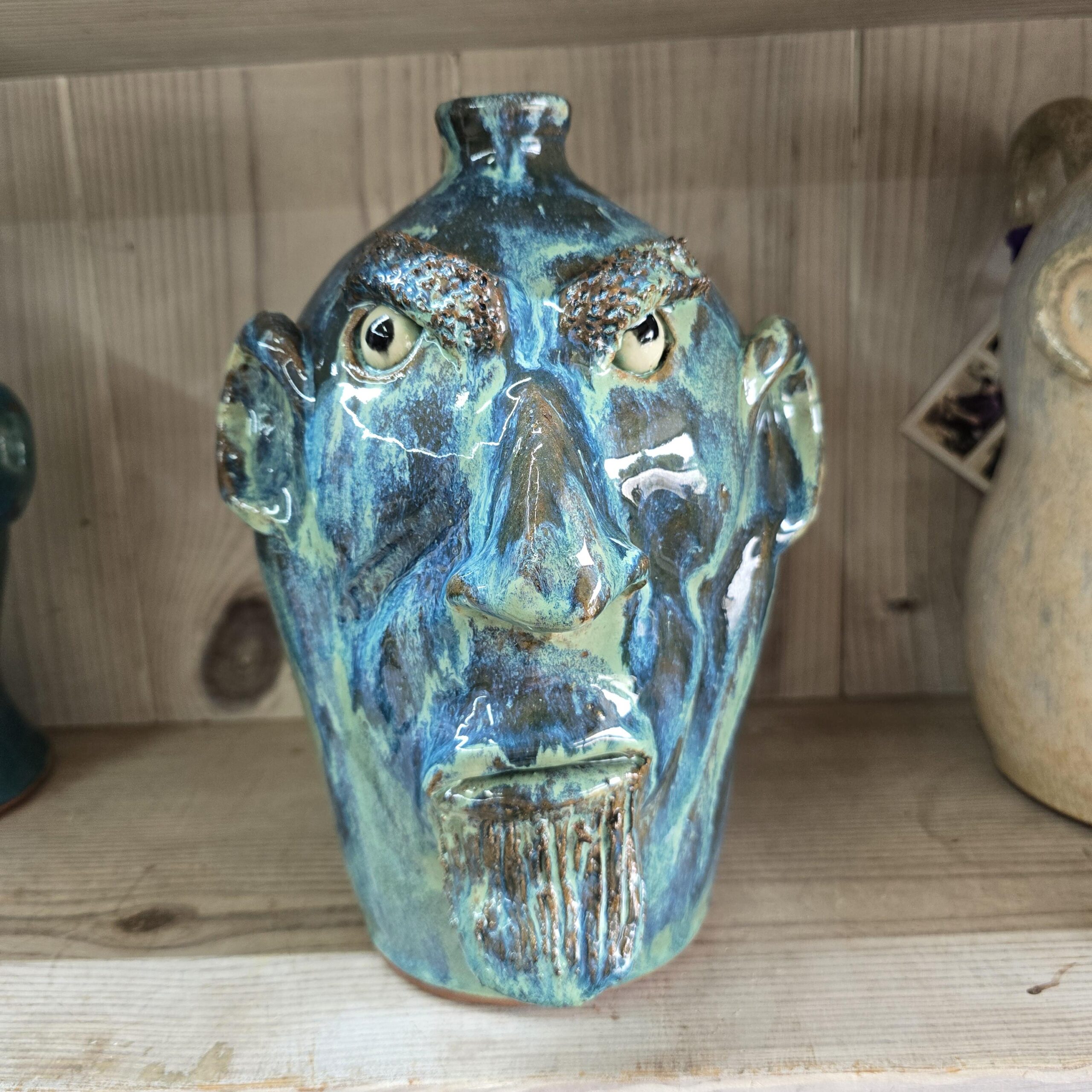 Blue Green Angry Face Jug by Billy Joe Craven 11" Tall - Image 2