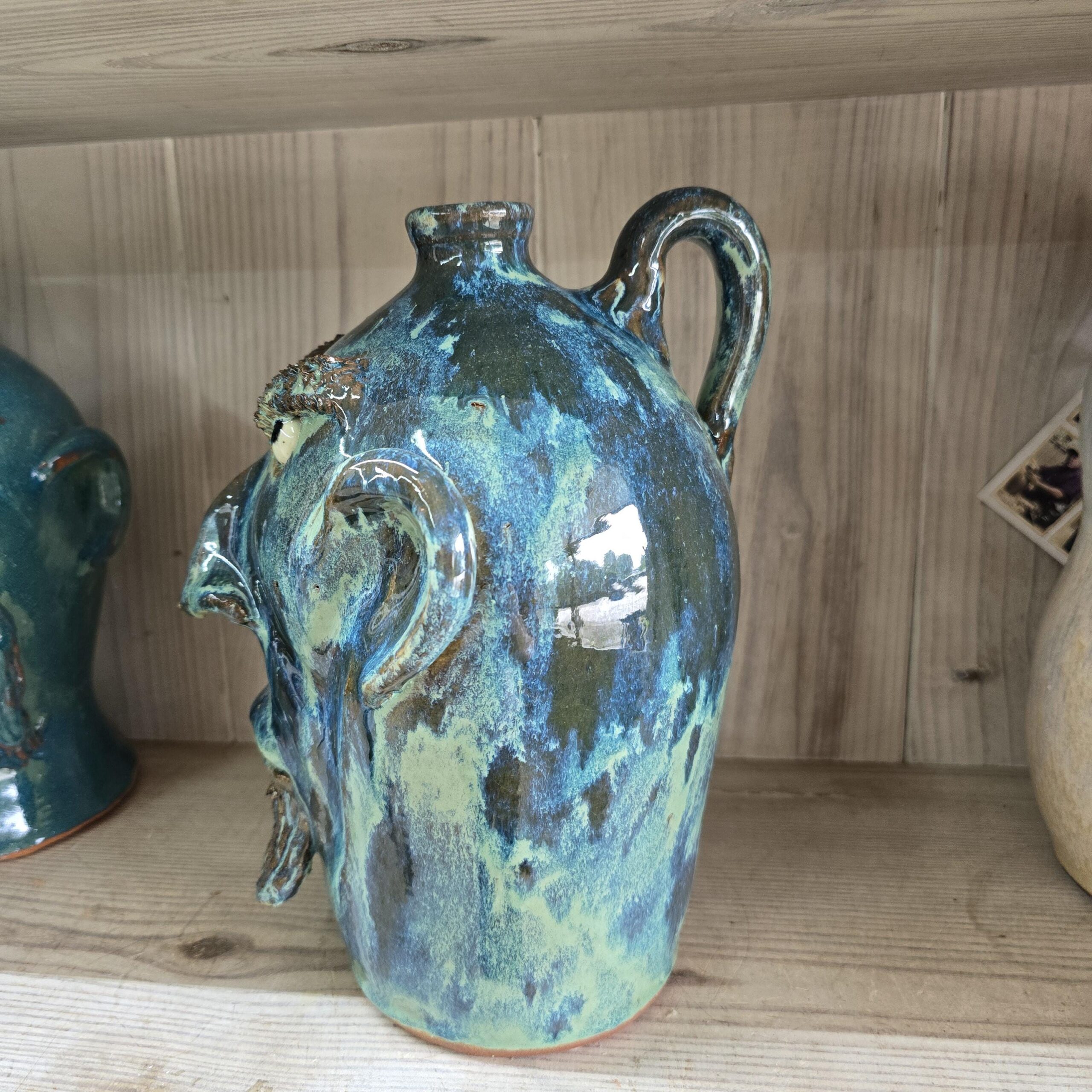 Blue Green Angry Face Jug by Billy Joe Craven 11" Tall - Image 5