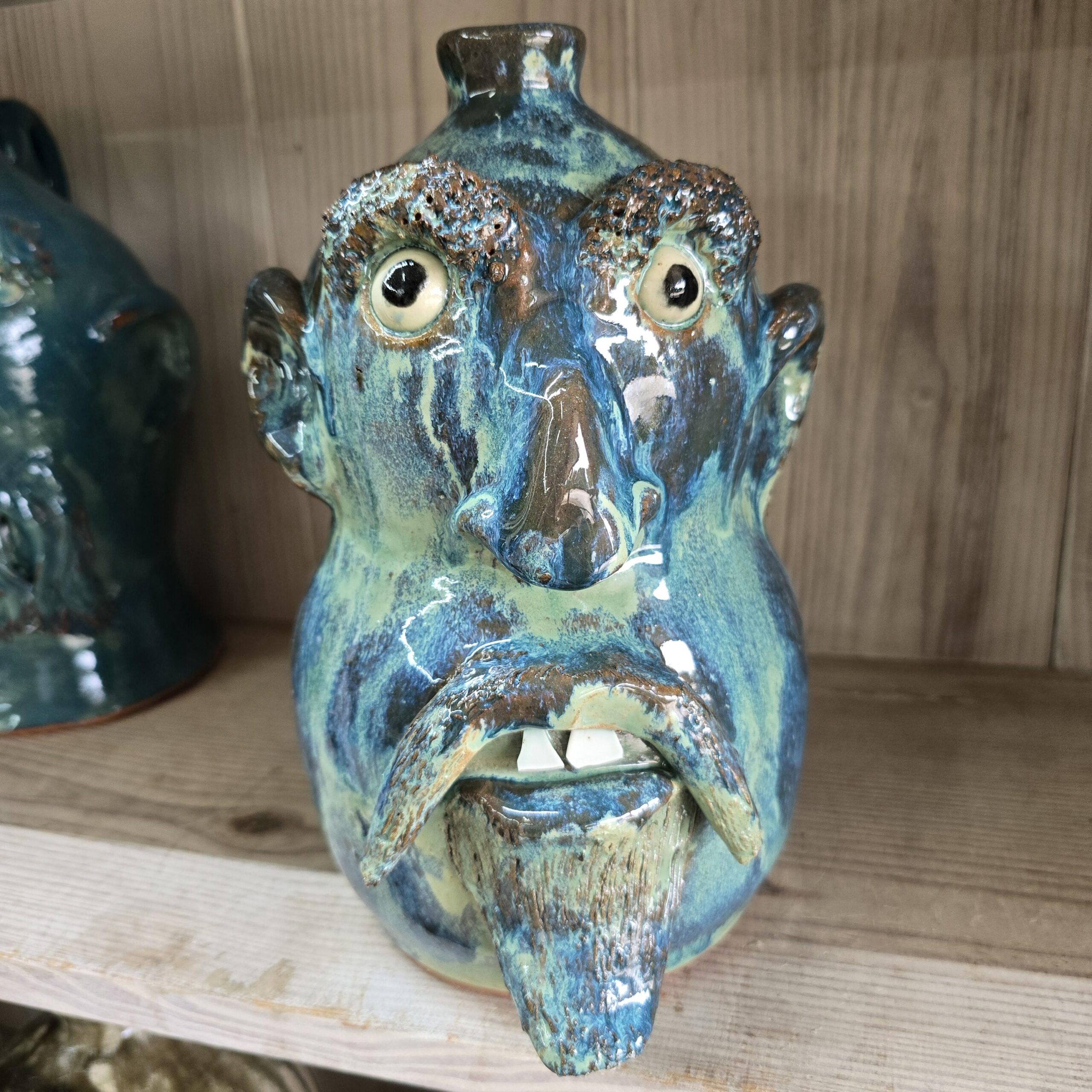Blue Green Goatee Face Jug by Billy Joe Craven 11" Tall
