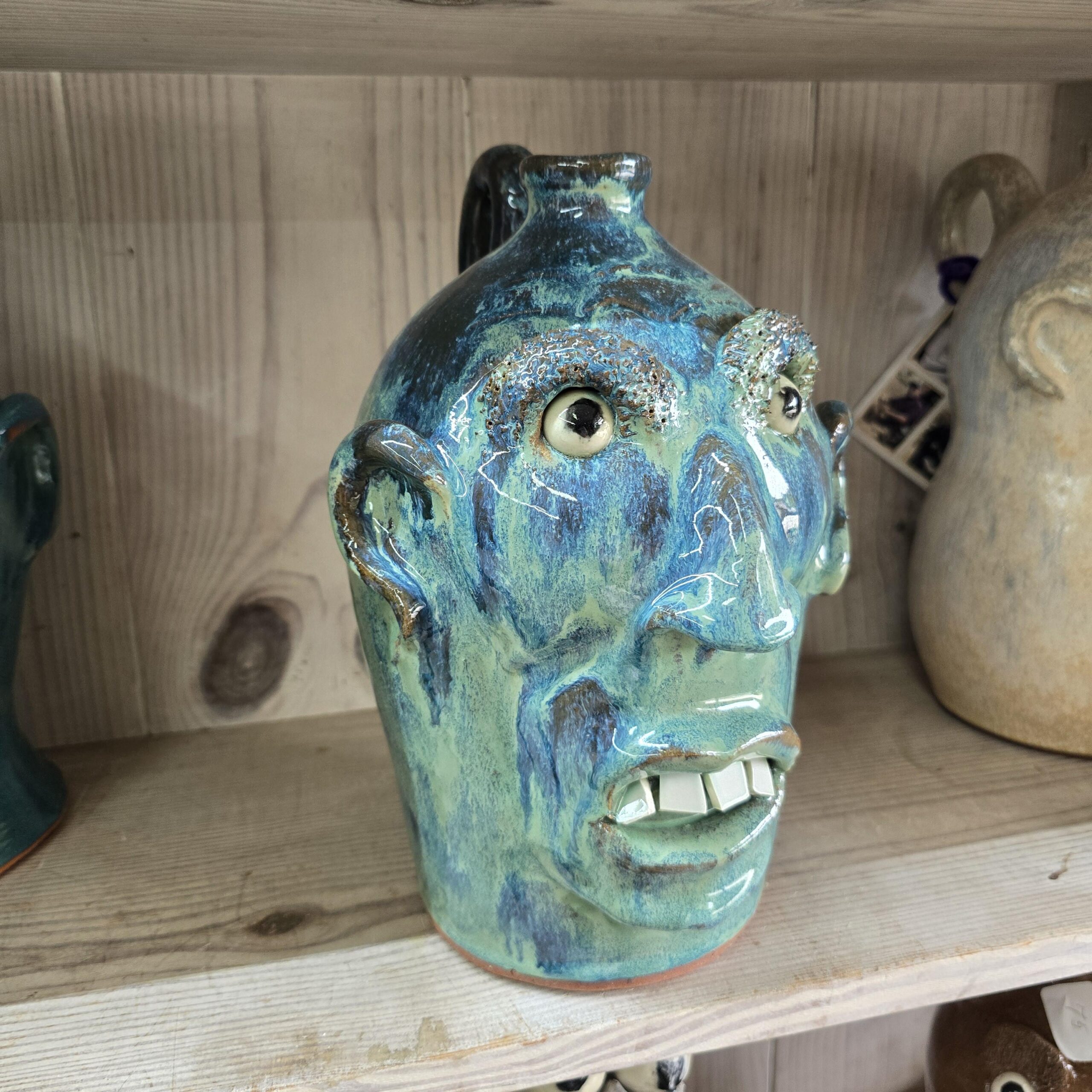 Blue Green Face Jug by Billy Joe Craven 11" Tall - Image 2