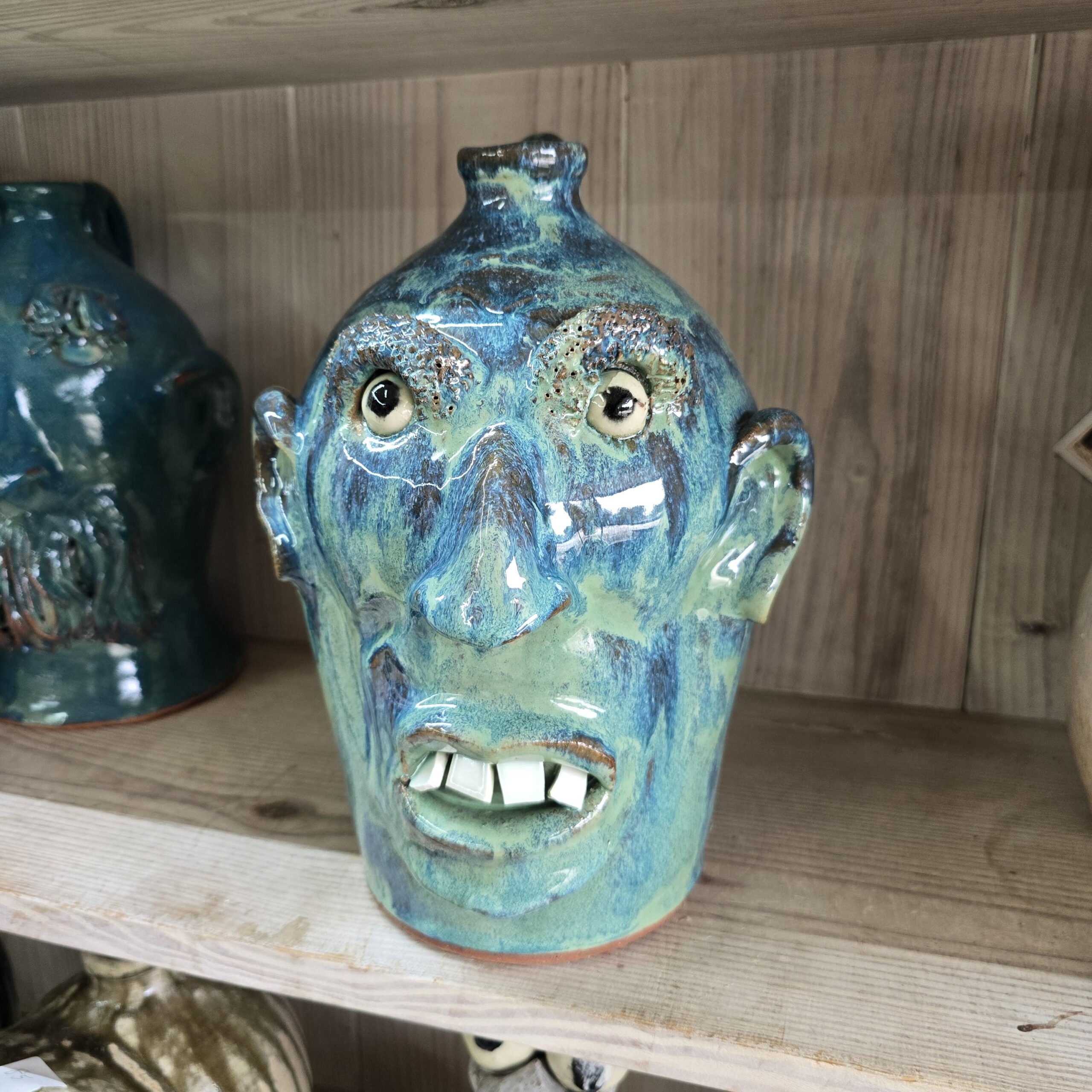 Blue Green Face Jug by Billy Joe Craven 11" Tall