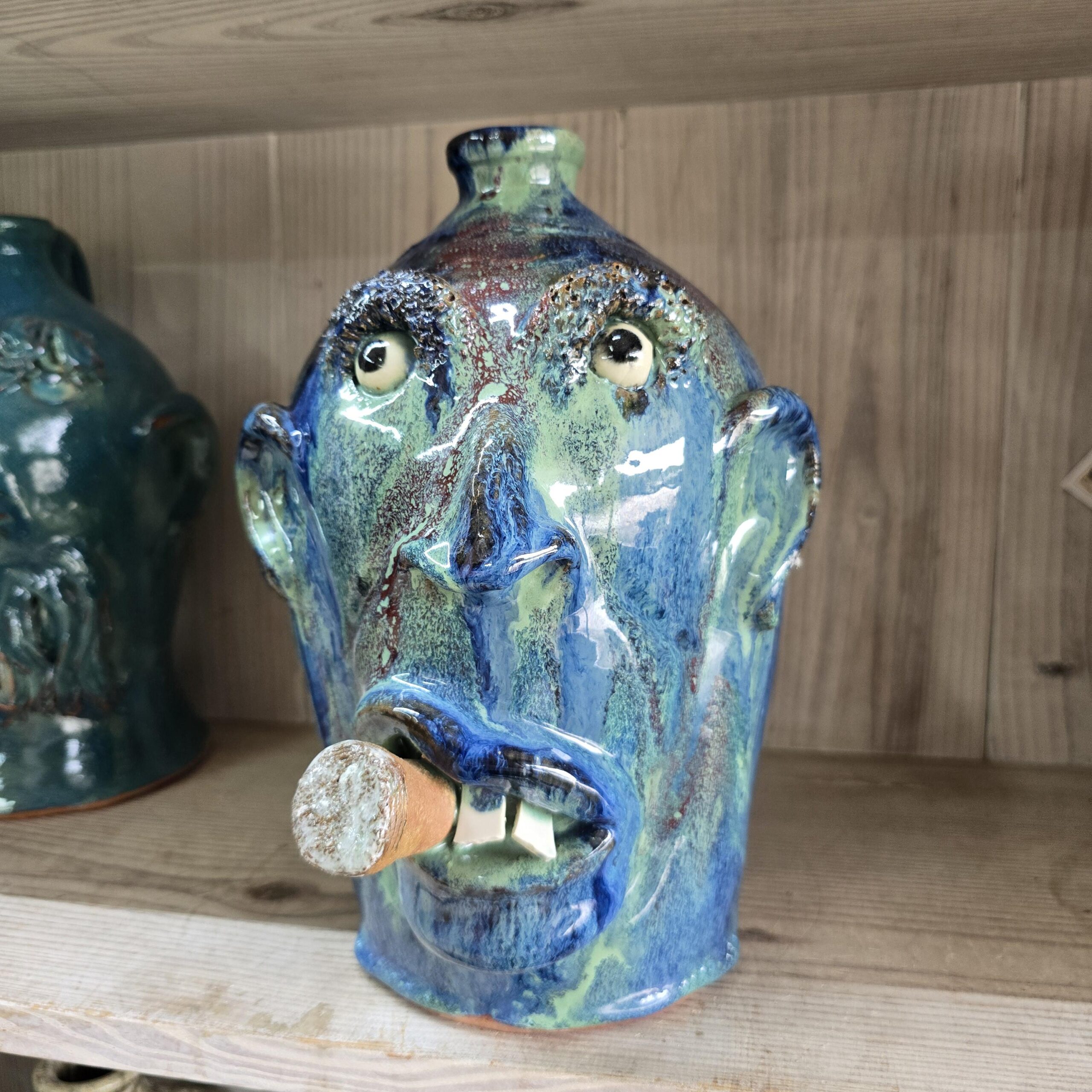 Blue Green Cigar Smoker Face Jug by Billy Joe Craven 11" Tall - Image 5